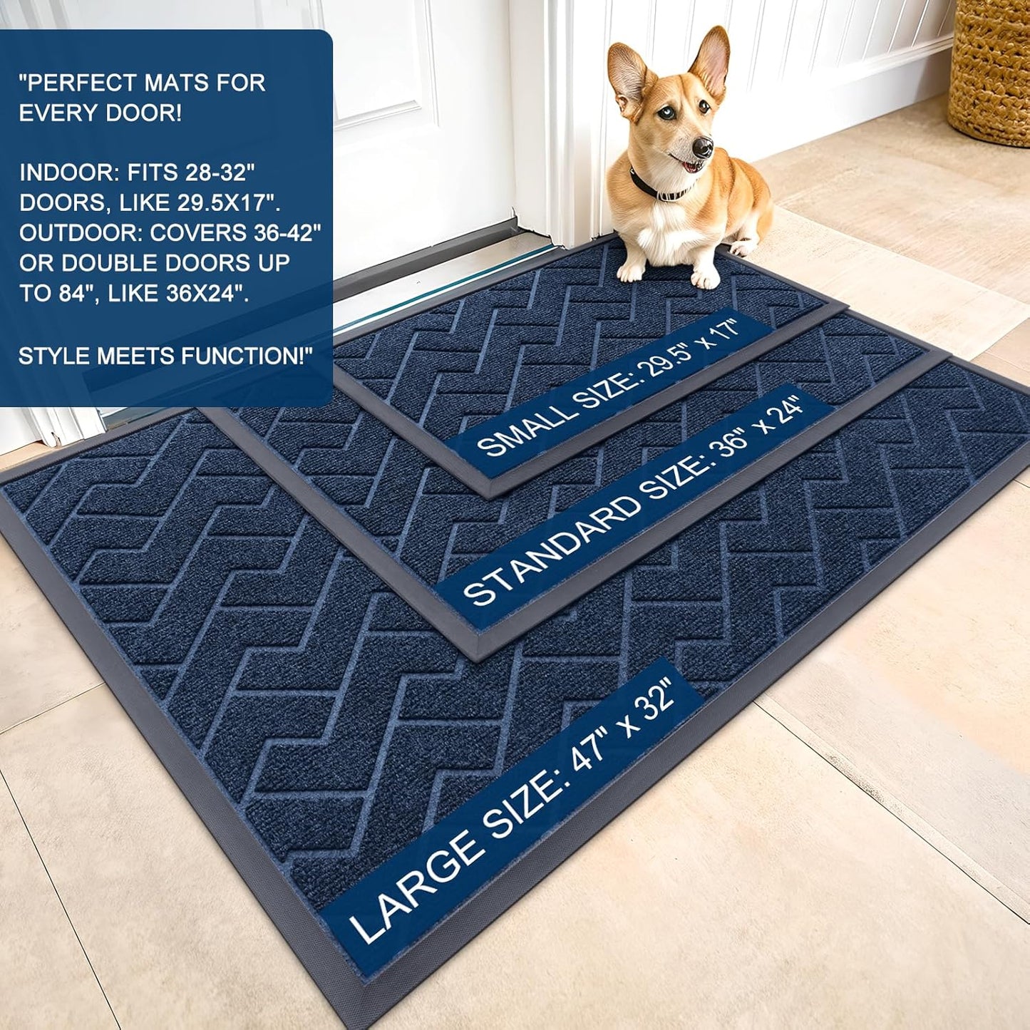 OLANLY Front Door Mat Indoor Outdoor Entrance, Waterproof All-Season, All-Weather Doormat, Sturdy Natural Rubber, Low Profile, Easy Clean Patio Porch Entryway Mat, Herringbone Brick (Blue, 71x23)