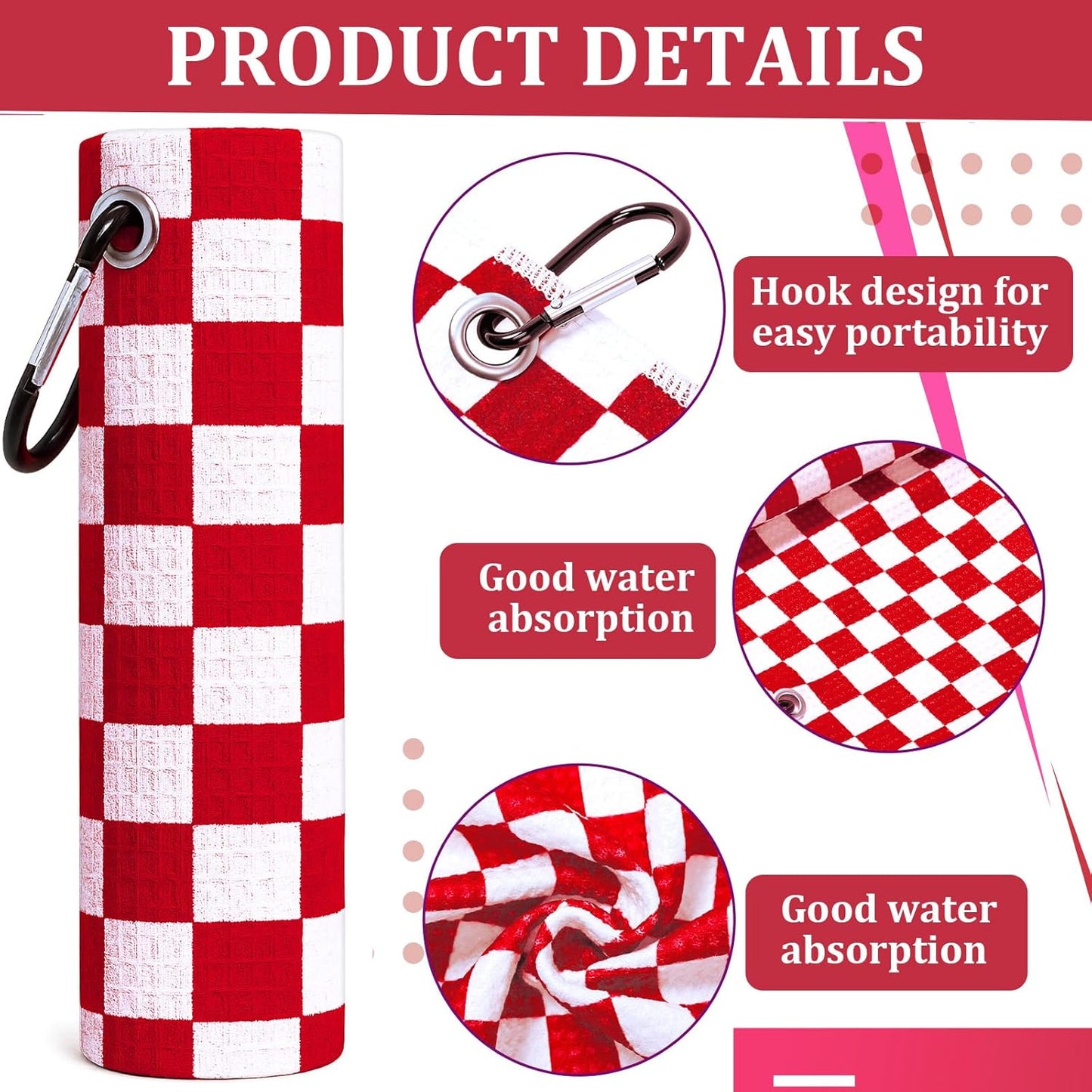 12 Pcs Golf Towels Bulk for Bags Microfiber Waffle Pattern Golf Towel with Clip 16'' x 16'', Ultra Absorbent Quick-Dry, Mini Tournament Yoga Fitness Men's Gifts(Ruby Red)