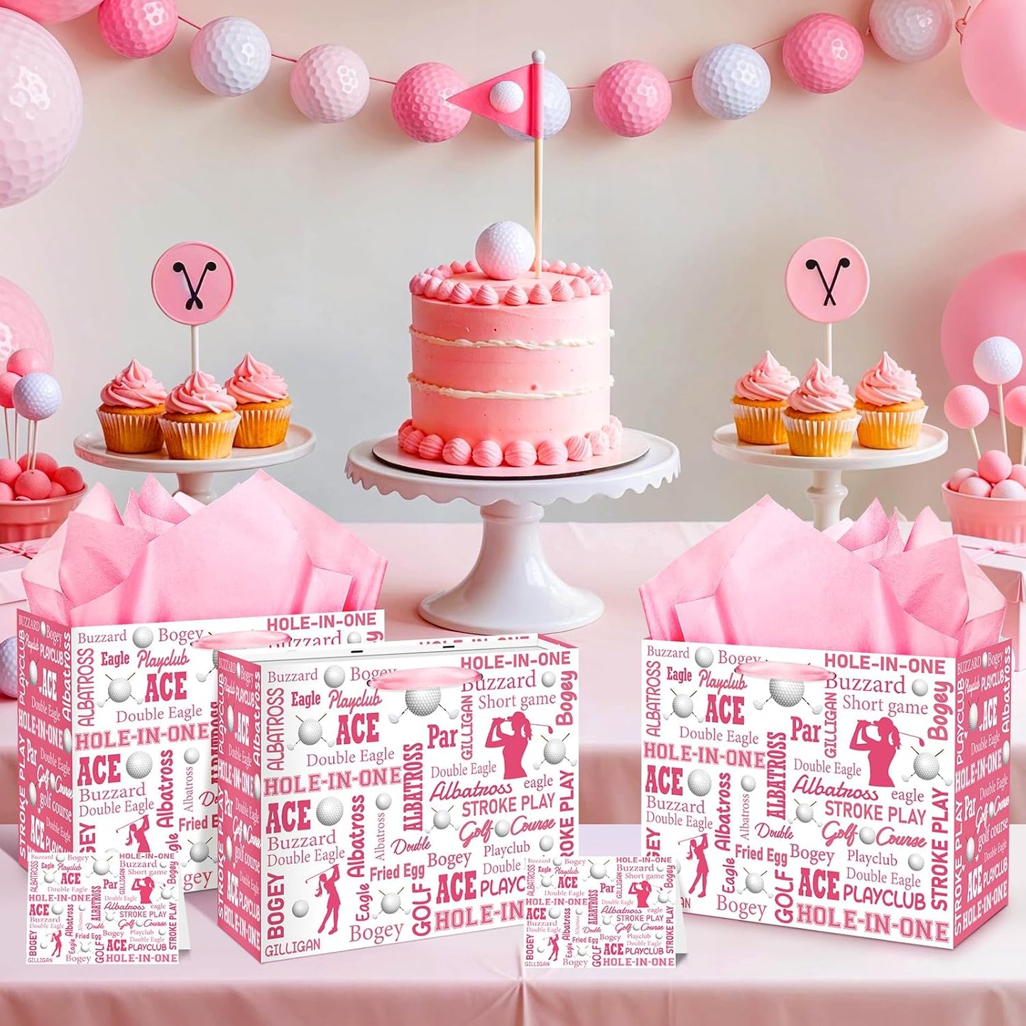 Golf Party Gift Bag for Girls Women, Large Pink Golf Gift Wrap Bag with Tissue Paper Greeting Card Decorations for Sports Team Birthday Party Favors Baby Shower Goodie Treat Wrapping Paper Supplies