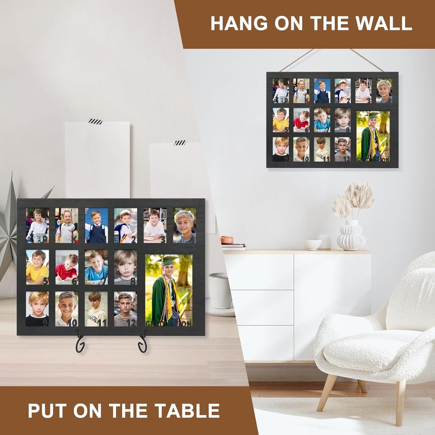 School Years Picture Frame Pre K to 12 Black Graduation Gift Collage Frame with Stand Easel, Displays One 4x6 and Twelve 2x3 Wallet Photos