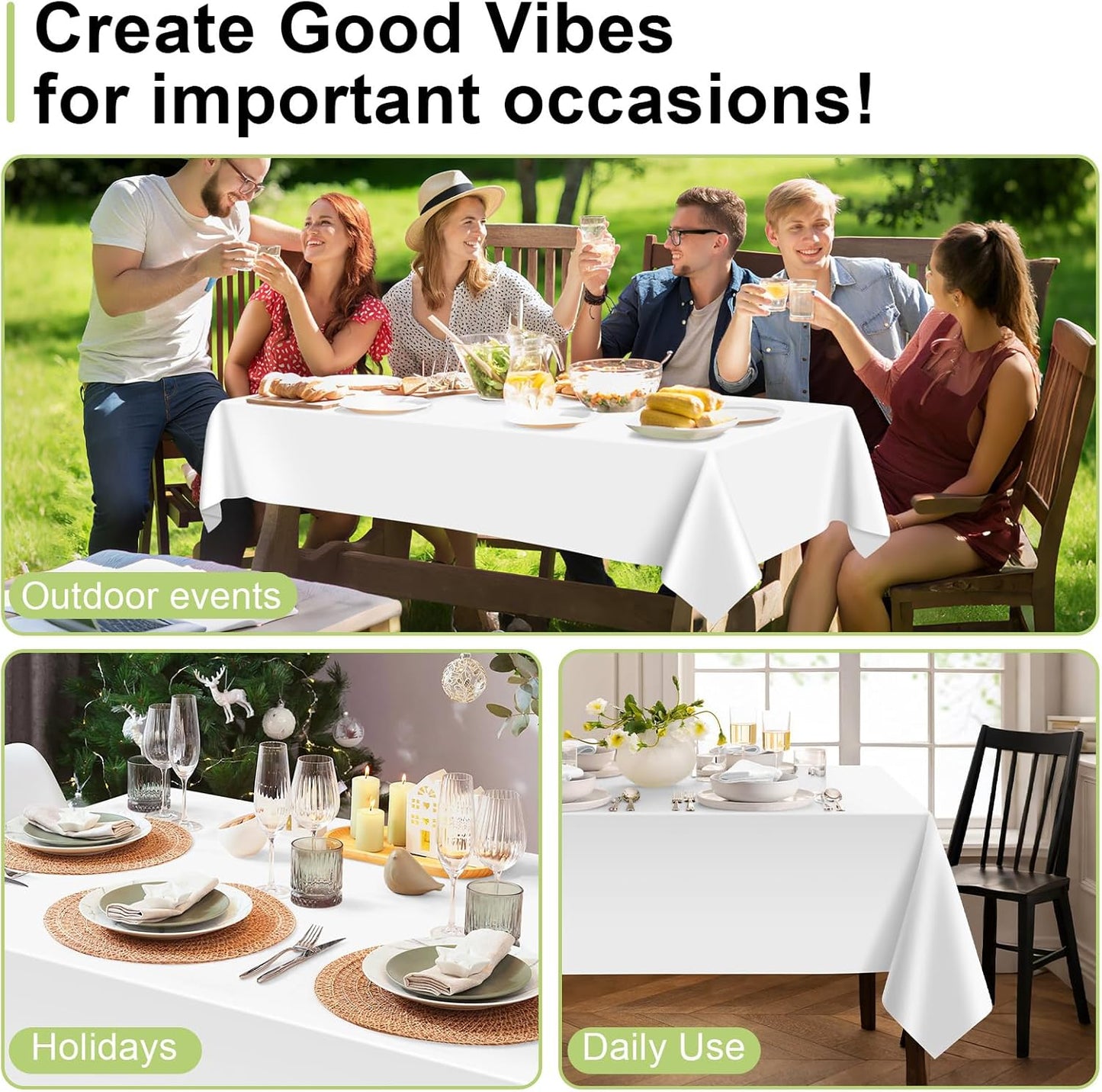 QIKSION Plastic Table Cloth Disposable 12 Pack, 54 x 108 Inch Tablecloths for Rectangle Tables, White Plastic Table Cover