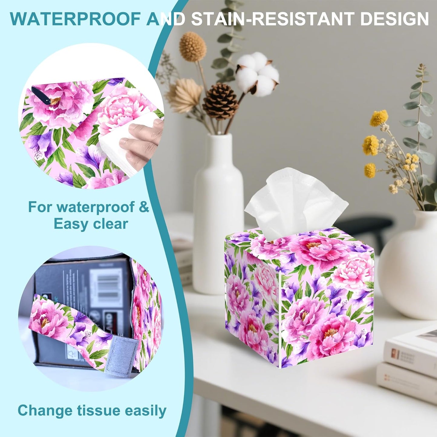 Watercolor Peonies Floral Leather Tissue Holder,Square Tissue Box Cover with Bottom Belt,Modern Decorative Facial Tissue Paper Cover for Car Bedroom Vanity Desk Office Table Top,5.2" x 5.2" x 5.2"