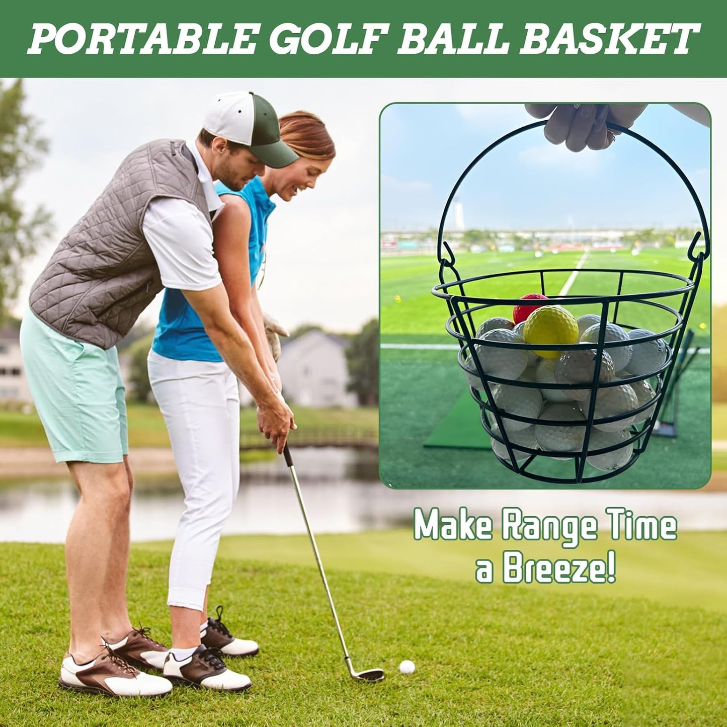 2 Pack Golf Ball Basket with Handle - Large Metal Golf Ball Bucket Storage Container Holds 50 Balls Each - Heavy Duty Golf Ball Carrier & Organizer for Driving Range, Practice, Course