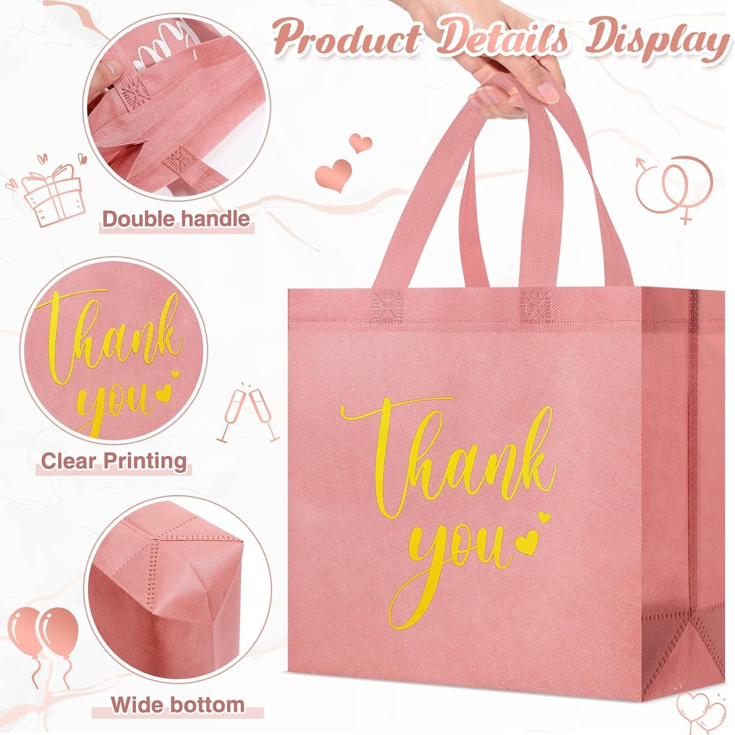 Sweetude 30 Pcs Thank You Gift Bags with Handles Bulk Reusable Goodie Bag Non Woven Foldable Handbag for Graduation Wedding Bridesmaid Gifts(11 x 12 x 5 Inch,Leather Pink)