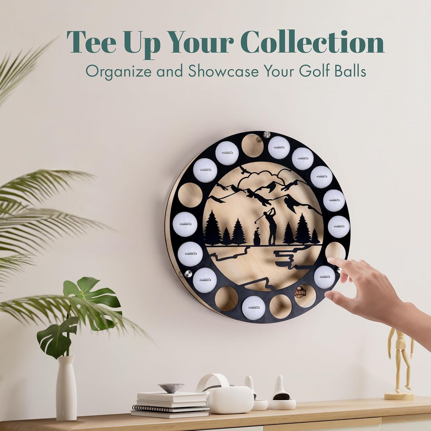 Circular Golf Ball Display Case for 18 Balls – Wall Mount Golf Ball Holder Display with Metal & Wood Design, Customized Wooden Backing, Easy Drill-Free Mounting – Gift for Golf Enthusiasts