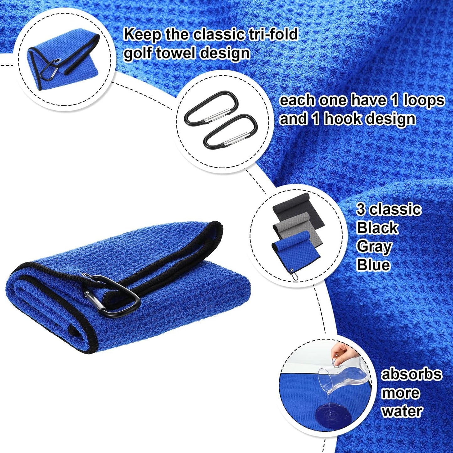 Batiyeer 12 Pcs Golf Towel Bulk for Golf Bags 16'' x 16'' Microfiber Fabric Towel with Clip Waffle Pattern, Fitness, Camping, Hiking, Yoga