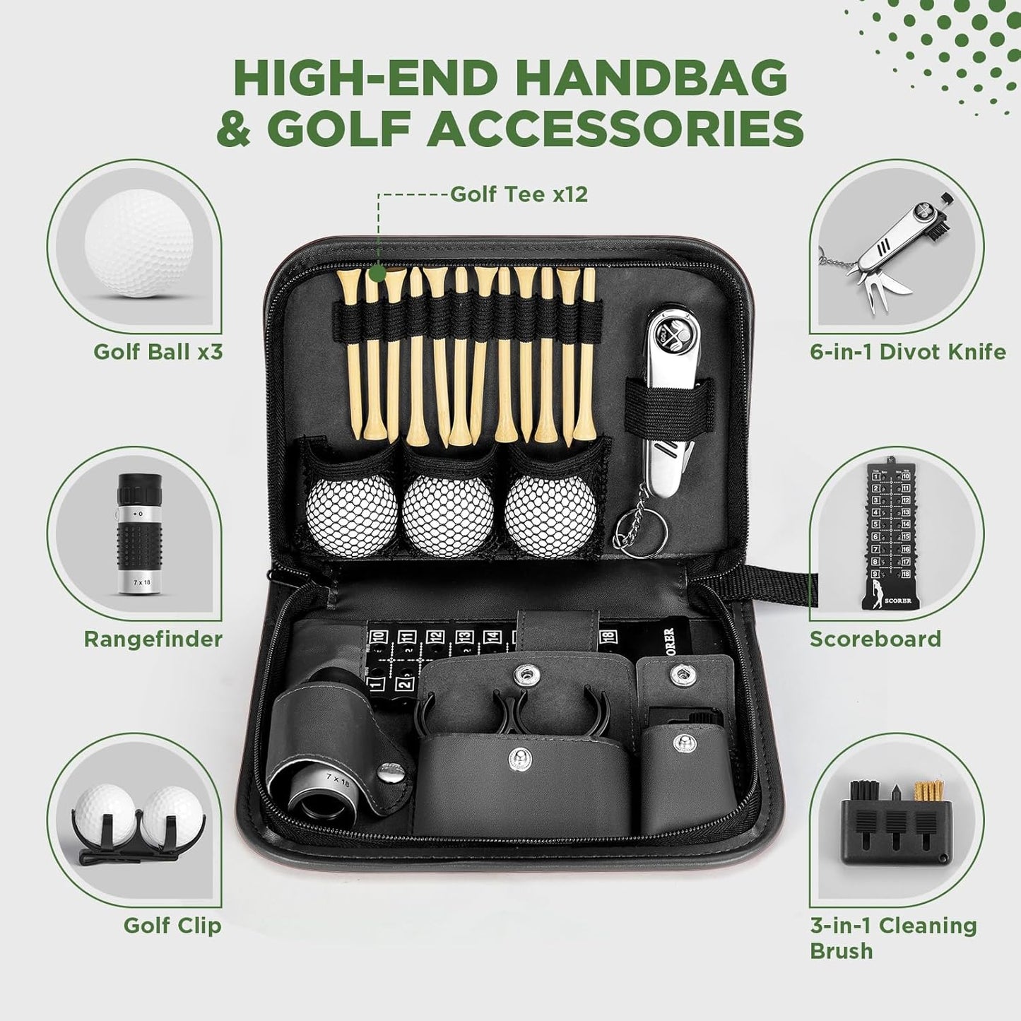 Golf Accessories for Men and Women for Golfers, Accessories Set in Hi-End PU Case with Golf Balls, HD Rangefinder, Golf Tees, Cleaning Brush, Divot Knife, Scorer, Golf Ball Clamp