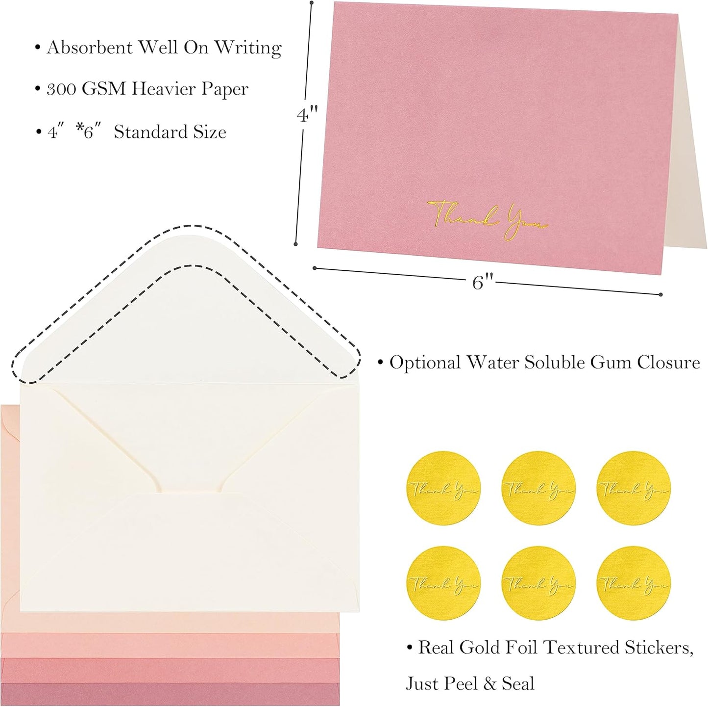 Crisky Dusty Rose Thank You Cards with Envelopes & Stickers， 50 Pack Bridal Shower Graduation Thank You Cards Small Business, Wedding Baby Shower Birthday Funeral Notes Bulk