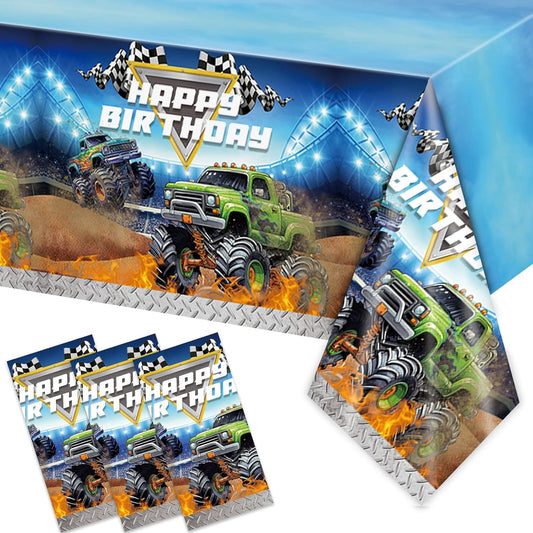 3 Pcs Monster Truck Birthday Party Tablecloths Plastic Disposable 108 x 54 Inches for Truck Theme Kid's Boys Birthday Shower Party Supplies
