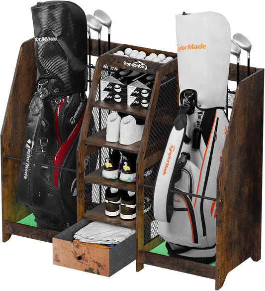 Golf Bag Storage Organizer for Garage, Premium Wooden 2 Golf Bags Rack with Drawer, Easy Assemble Golf Club Stand/Holder Suitable for Garage Home Simulator and Office