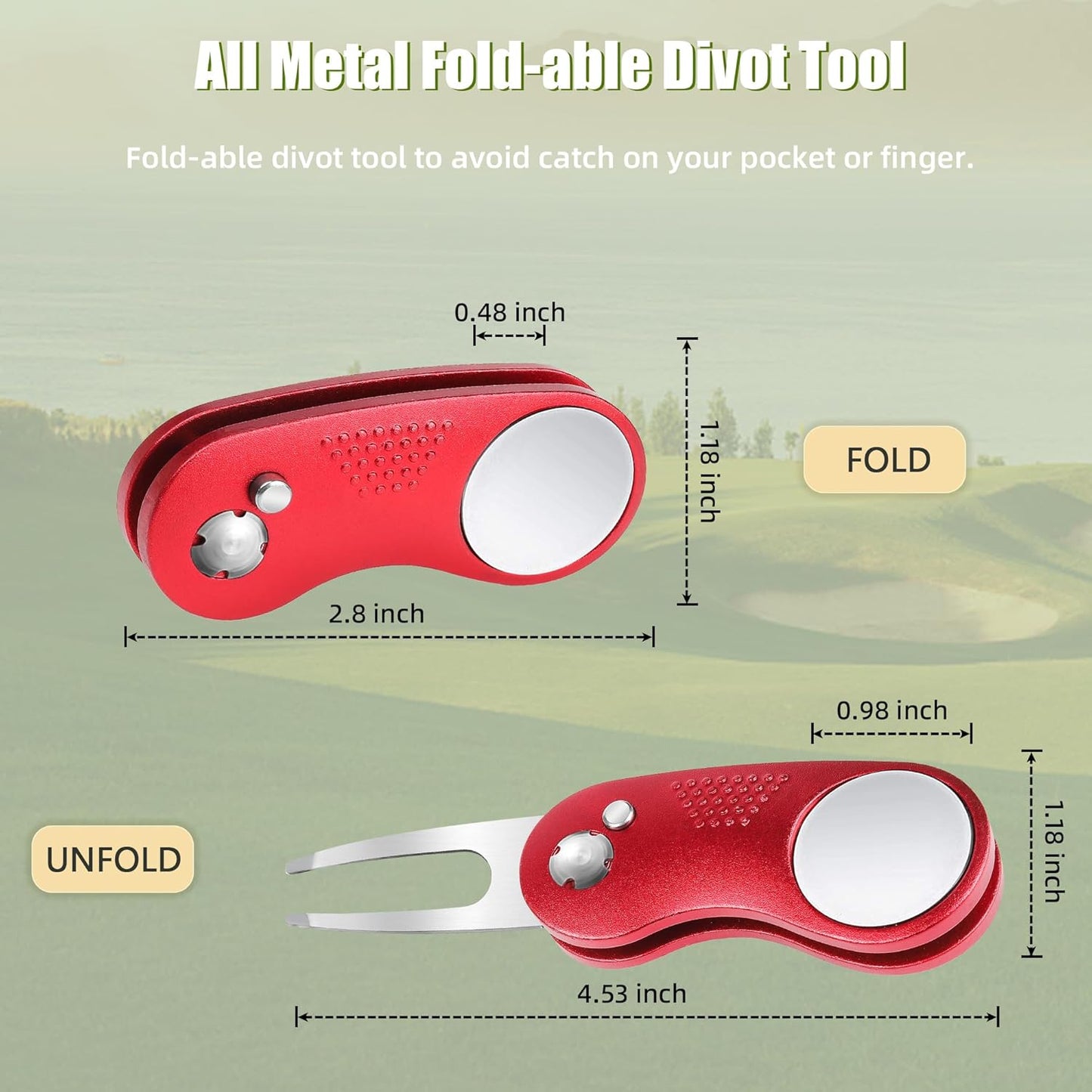 Mile High Life Golf Divot Repair Tool, All Metal Foldable Divot Tool with Pop-up Button & Magnetic Ball Marker