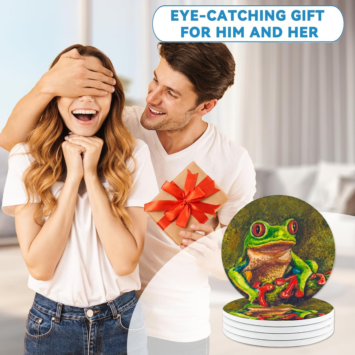 Drinks Coasters Set of 4, Tree Frog Round 4" Cup Coasters, Absorbent Ceramic Stone Coasters with Cork Base, Cute Coasters for Table Home Décor, Ideal Gifts for Women Men