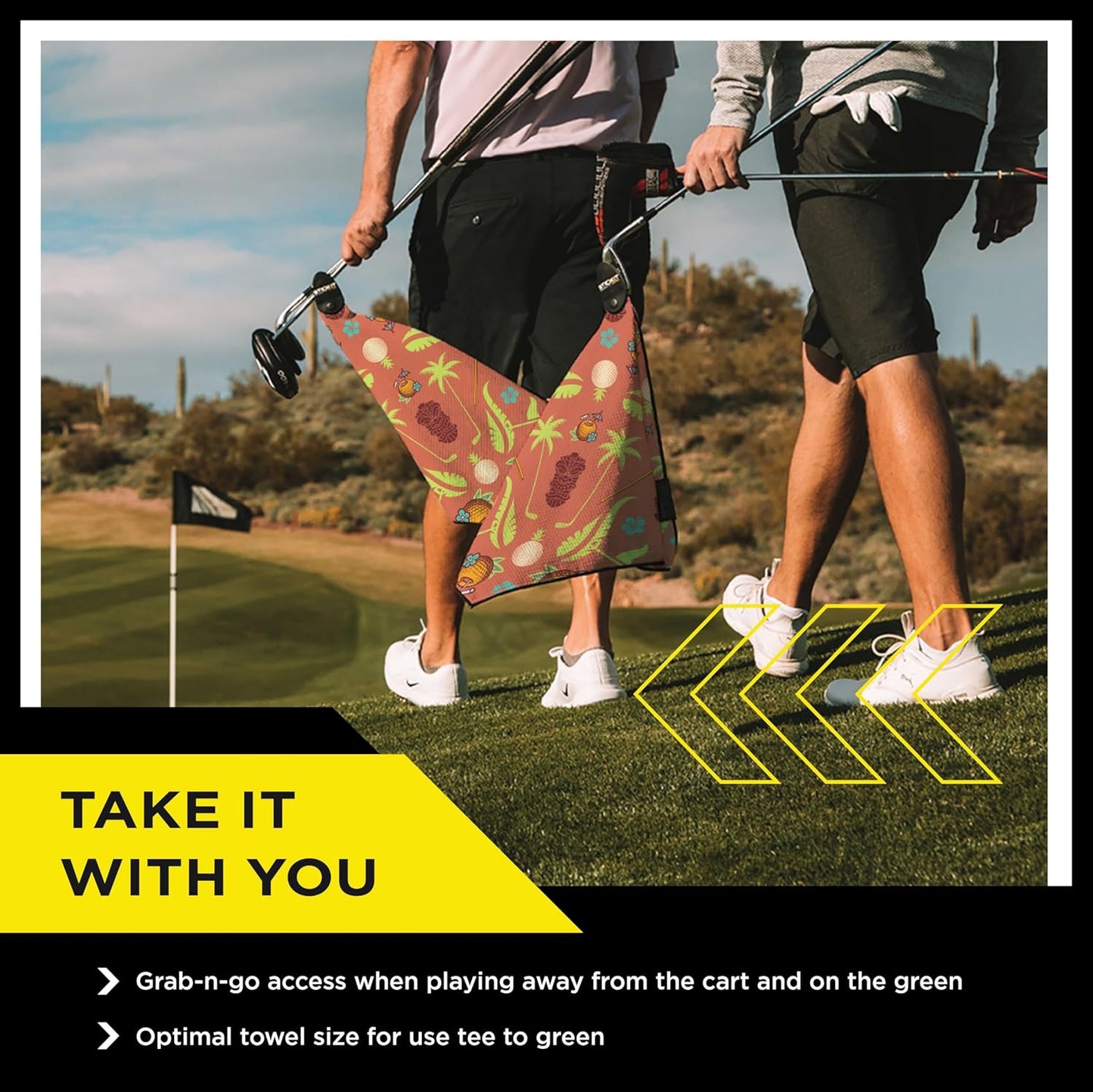 STICKIT Magnetic Salmon Pink Tiki Golf Towel | Top-Tier Microfiber Golf Towel with Deep Waffle Pockets | Industrial Strength Magnet for Strong Hold to Golf Carts or Clubs