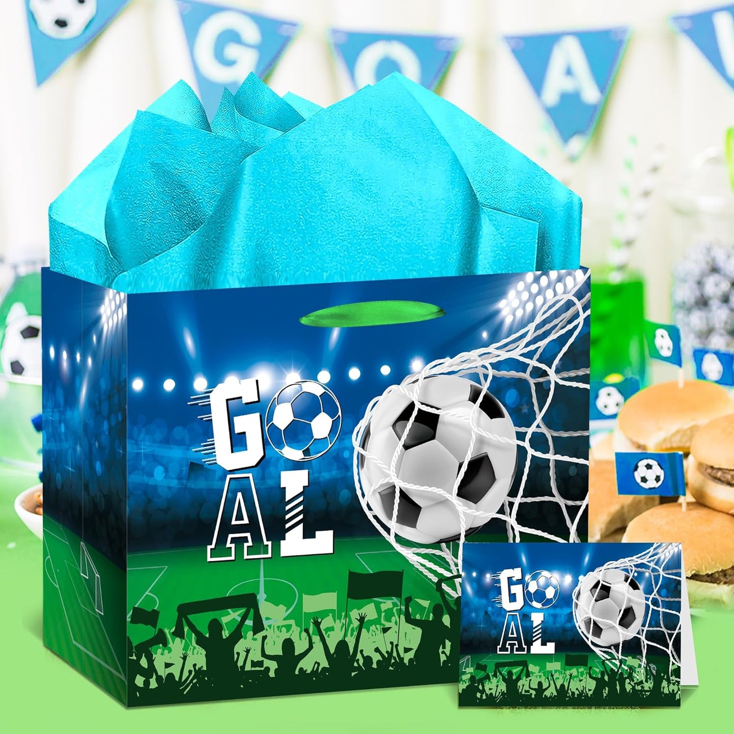 EoBeCy Large Soccer Gift Bag: Goal Wrapping Paper Gift Bags with Handles, Tissue Paper and Greeting Card, Reusable Birthday Gifts for Boys Kids Teens Men Team Sports Party Favor Bags