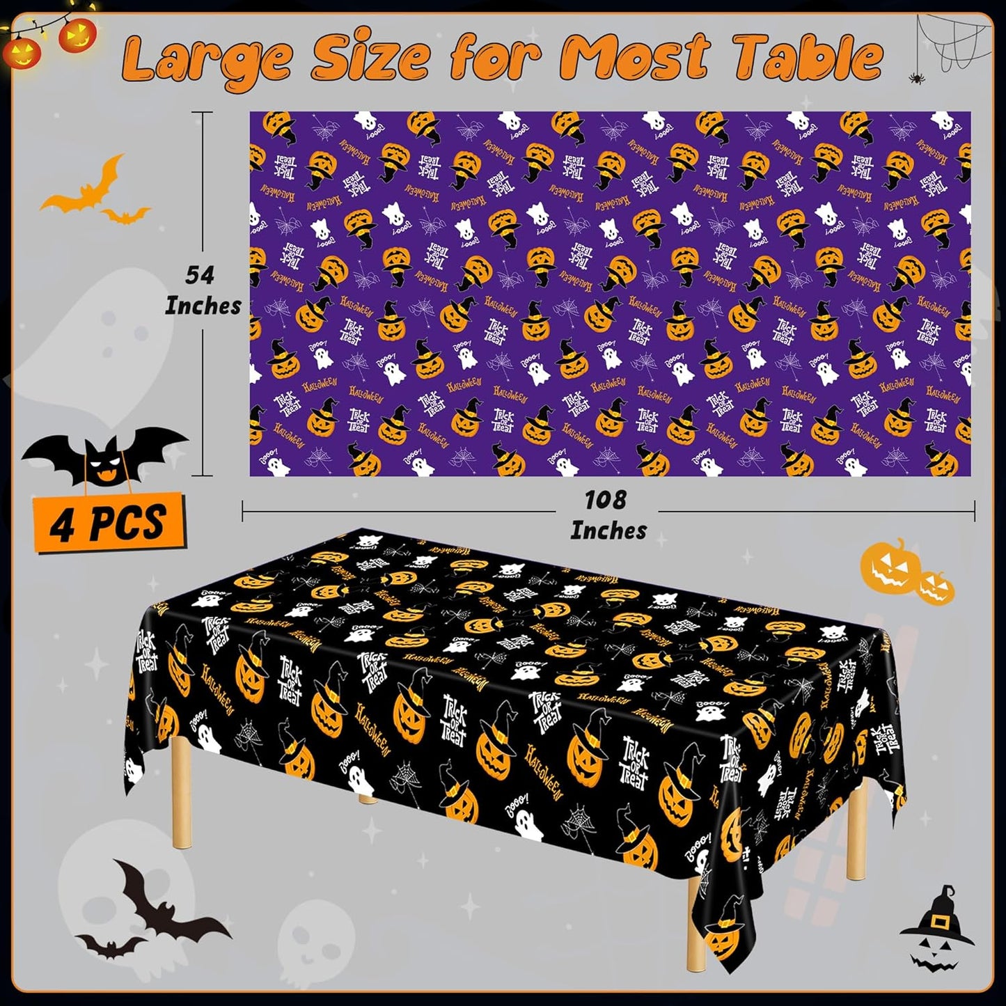 QZYL 4 Pack Halloween Coloring Tablecloth, 54" x 108" Pumpkin Decorations, Purple Disposable Table Cloth Black Plastic Tablecover, Halloween Party Decor Supplies Indoor Outdoor