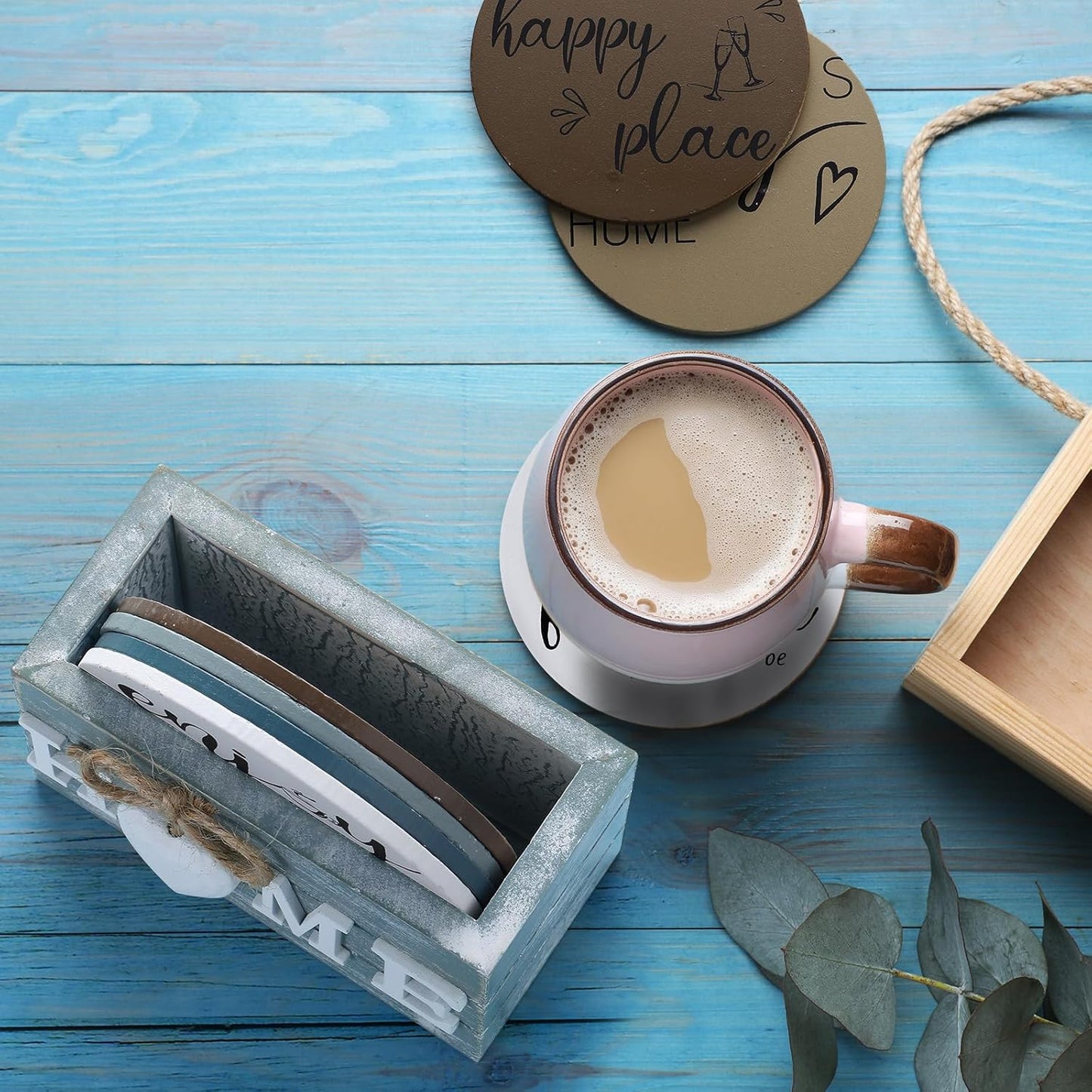 Queekay Housewarming Gifts for Home Decoration Wooden Heart Coasters for Drinks 6 Set Farmhouse Coasters with Holder Funny for Family Coffee Table Protection, 4''(Ocean Color)