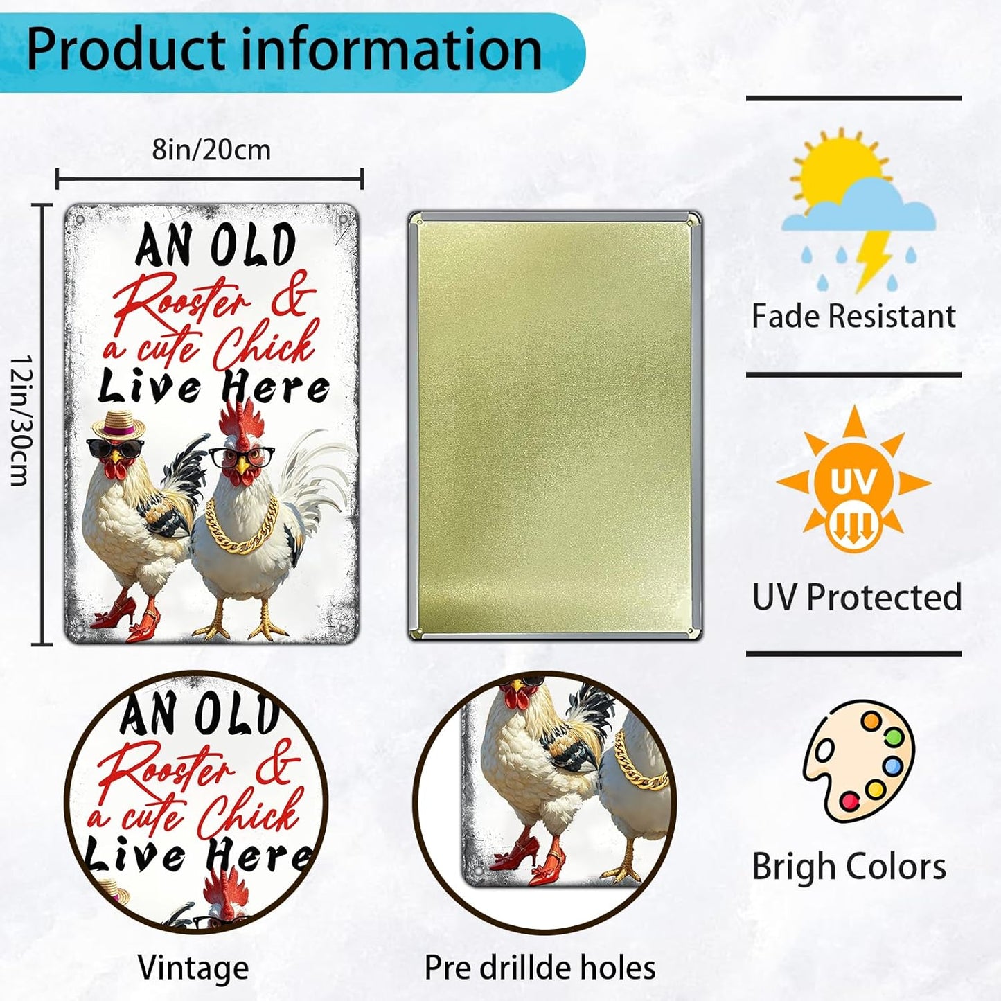 Rooster Decor Chicken Signs For Coop Chicken Coop Accessories Metal Tin Sign Vintage Style An Old Rooster & A Cute Chick Live Here Iron Poster Home Garden Kitchen Wall Decor 12x8 Inch Farmhouse Outdoor Plaque