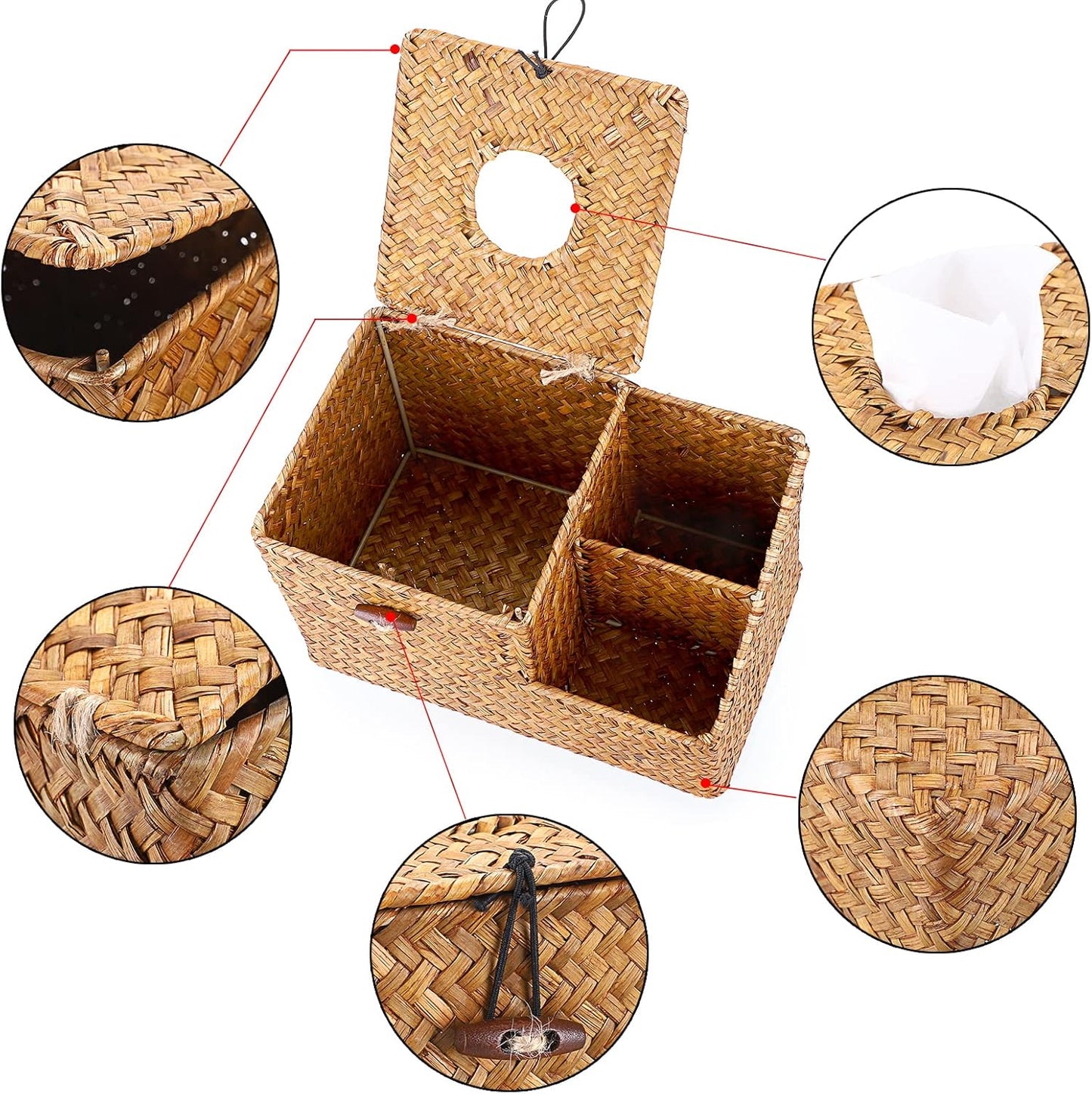 Sumnacon Square Woven Tissue Box Cover - Decorative Cube Tissue Box Holder with Side Organizer, Rustic Seagrass Tissue Box for Living Room Vanity Night Stand Table Countertop Office,Caramel