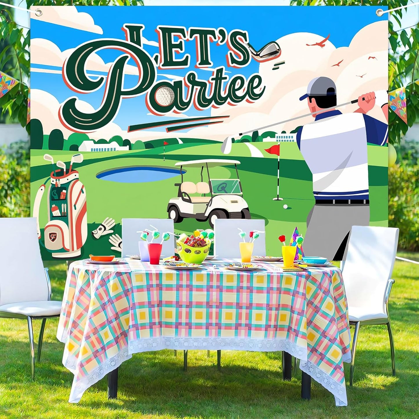 Let's Partee Golf Theme for Birthday Backdrop Green Grass Club Sports Grounds Photo Background Adult Kids Golf Birthday Party Decorations Banner Photo Booth Studio Props 10X7ft