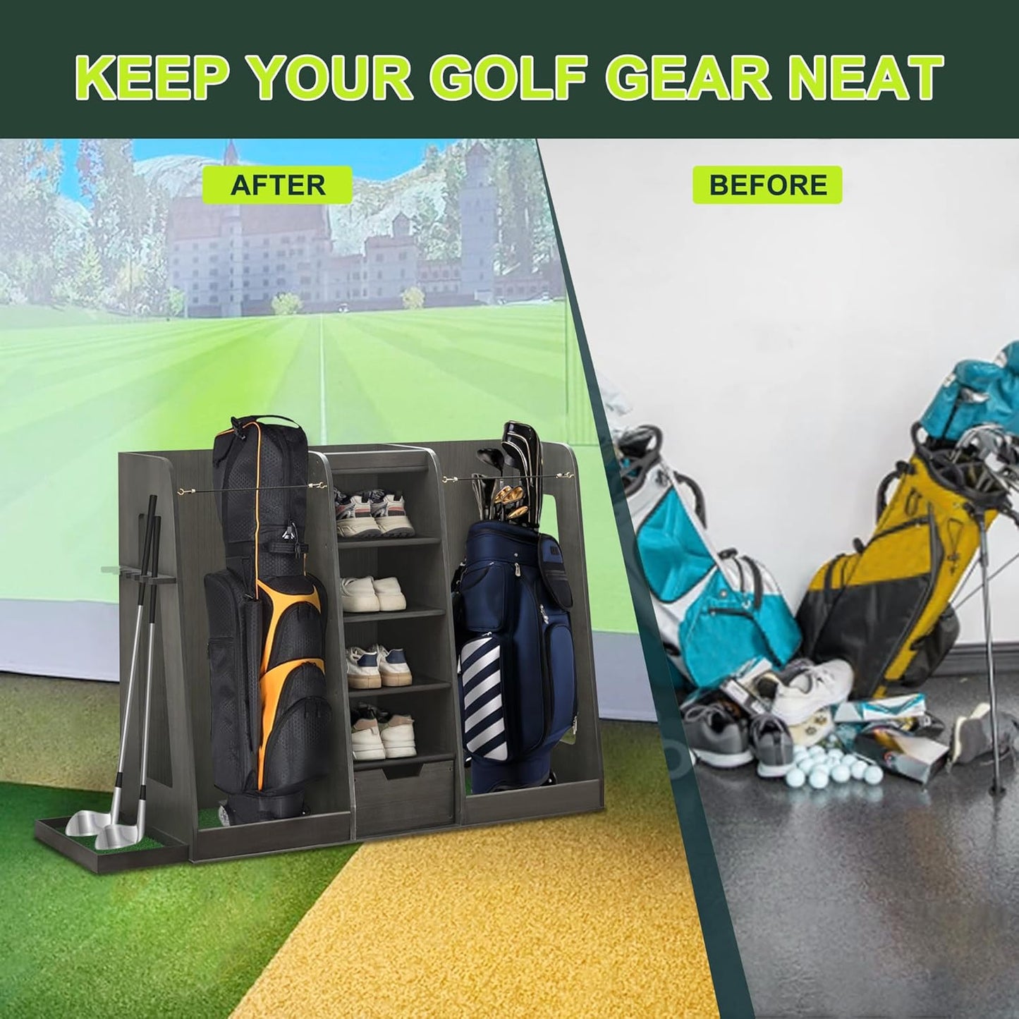 Golf Bag Organizer Storage Rack Stand Holder Fits 2 Extra Large Golf Club Bags and Multiple Golfing Equipment Accessories for Garage Home Simulator and Office