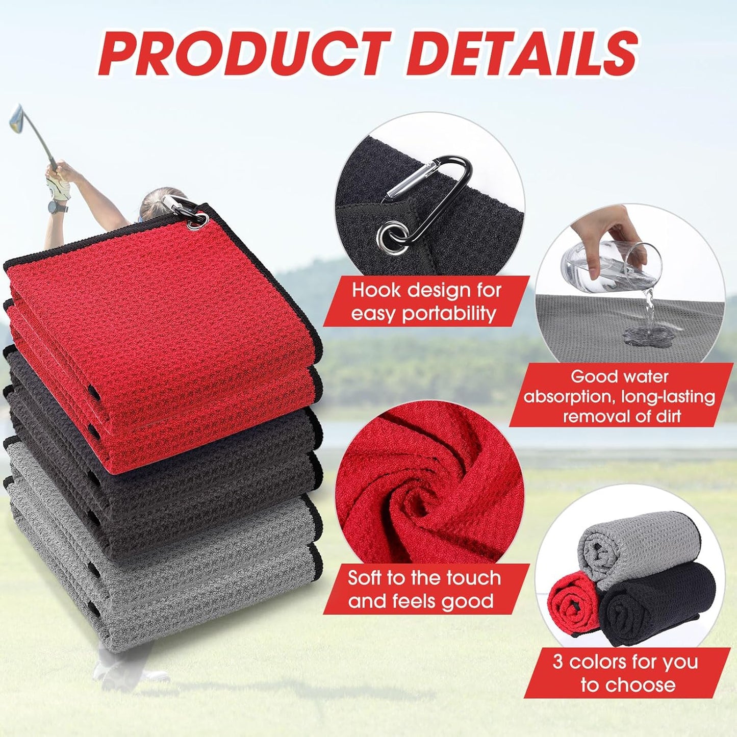 Batiyeer Golf Towels Bulk for Bags 16'' x 16'' Microfiber Waffle Pattern Golf Towel with Clipfor Mini Tournament, Club, Yoga, Fitness