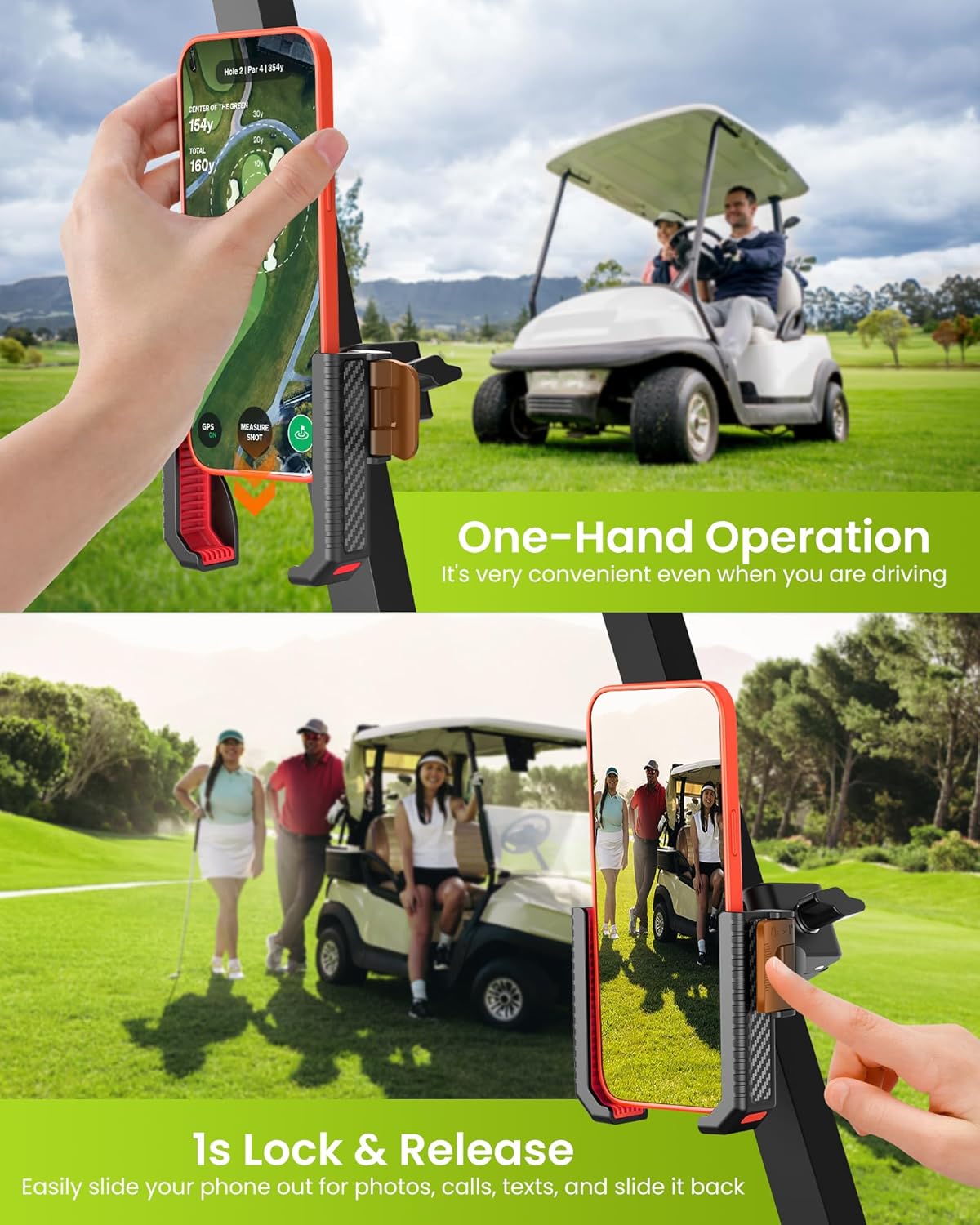 Golf Cart Phone Holder Mount - 3s Phone Clip Install, 1s Lock & Release，Phone Caddy for iPhone Galaxy & More Fits Yamaha Club Car EZGO Icon, Golf Cart Accessories Essentials Gift for Men Women
