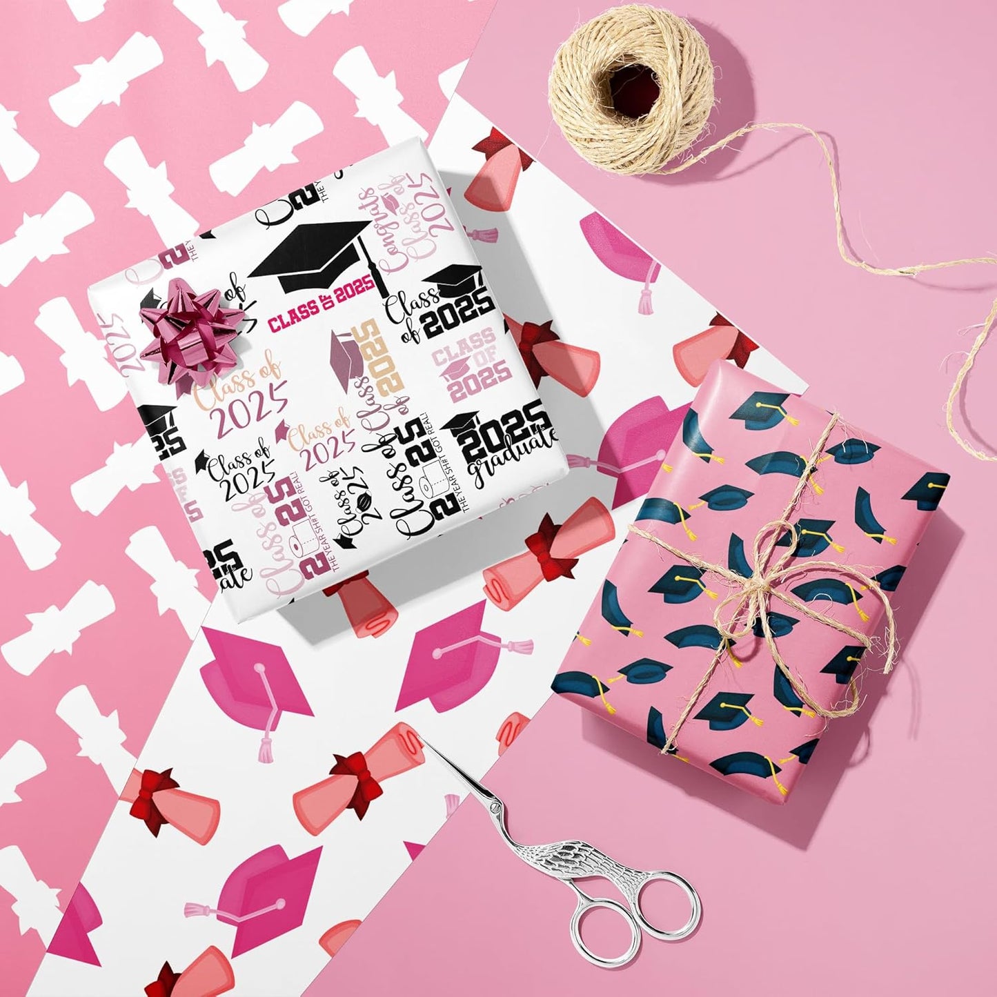 Vnaaem Pink Graduation Wrapping Paper 2025-4 Designs Grad Gift Wrap Folded Flat for Girls Kids - 20 X 28Inches Per Sheet(8 Pack)
