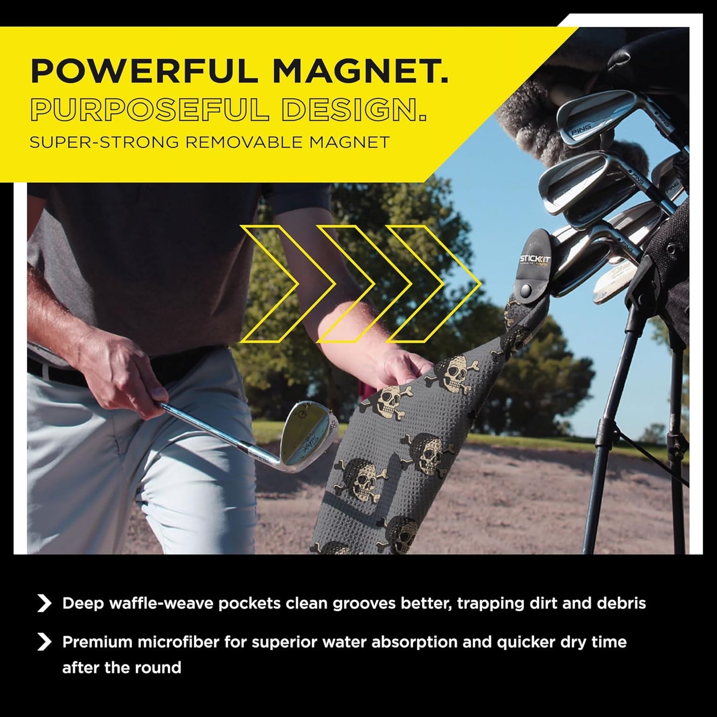 STICKIT The Original Magnetic Golf Towel with Gray Skulls | Top-Tier Microfiber Golf Towel with Deep Waffle Pockets | Industrial Strength Magnet for Strong Hold to Golf Carts or Clubs