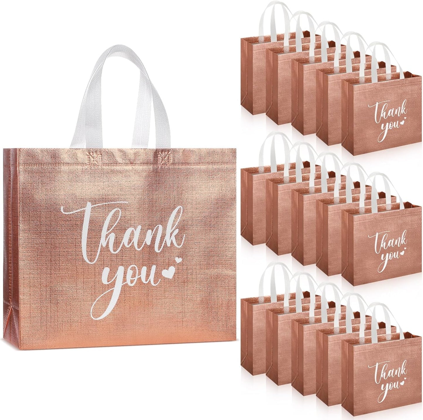 Sweetude 30 Pcs Thank You Gift Bags with Handles Bulk Reusable Goodie Bag Non Woven Foldable Handbag for Graduation Wedding Bridesmaid Gifts(11 x 12 x 5 Inch,Rose Gold)