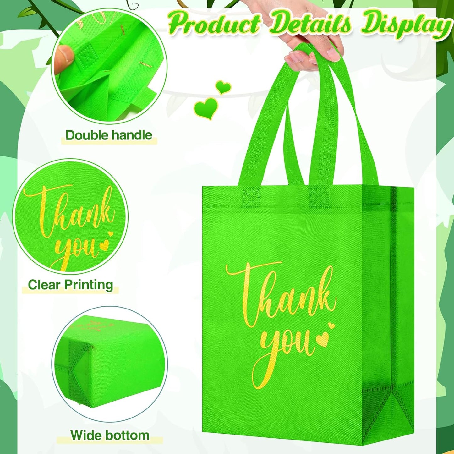 Sweetude 30 Pcs Thank You Gift Bags with Handles Bulk Reusable Goodie Bag Non Woven Foldable Handbag for Graduation Wedding Bridesmaid Gifts(10 x 8 x 4 Inch,Light Green)