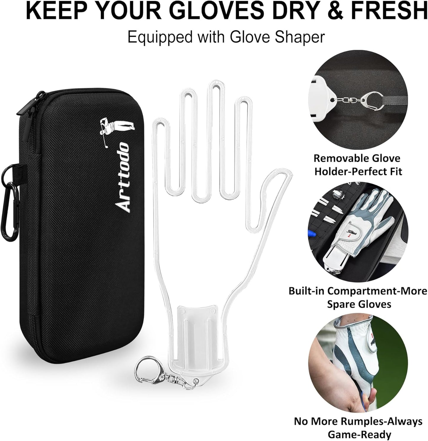 Golf Glove Case with Glove Shaper, Golf Accessories Storage Case for Tees, Ball Markers, Phone, Hard Shell Golf Bag Organizer for Golfers. A Golf Bag Accessories Must Have