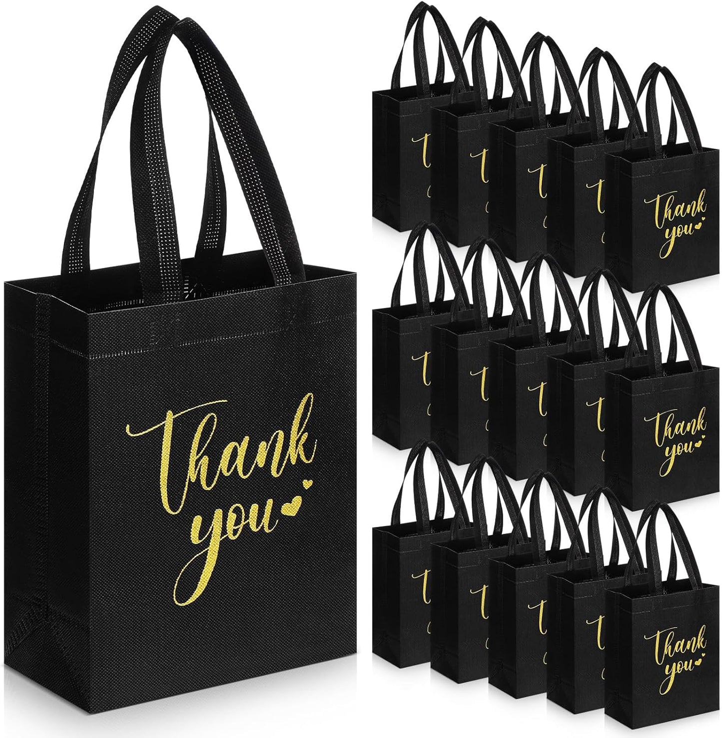 Sweetude 30 Pcs Thank You Gift Bags with Handles Bulk Reusable Goodie Bag Non Woven Foldable Handbag for Graduation Wedding Bridesmaid Gifts(10 x 8 x 4 Inch,Black)