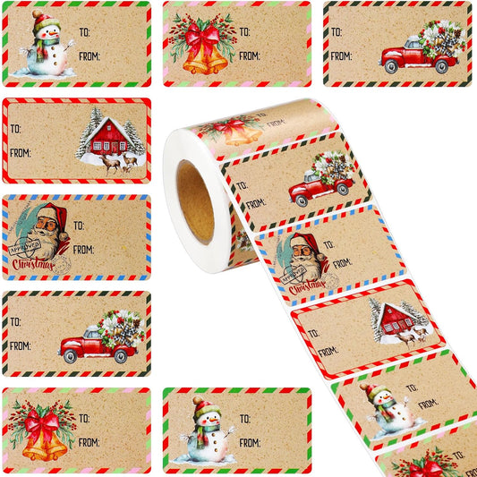 Outus 500 Pieces Christmas Tags Self Adhesive Gift Tags for Xmas Presents Christmas Name Labels Stickers for Wrapping Paper Festival Birthday Holiday Decor(Retro Style,2.76 x 1.57 Inch)