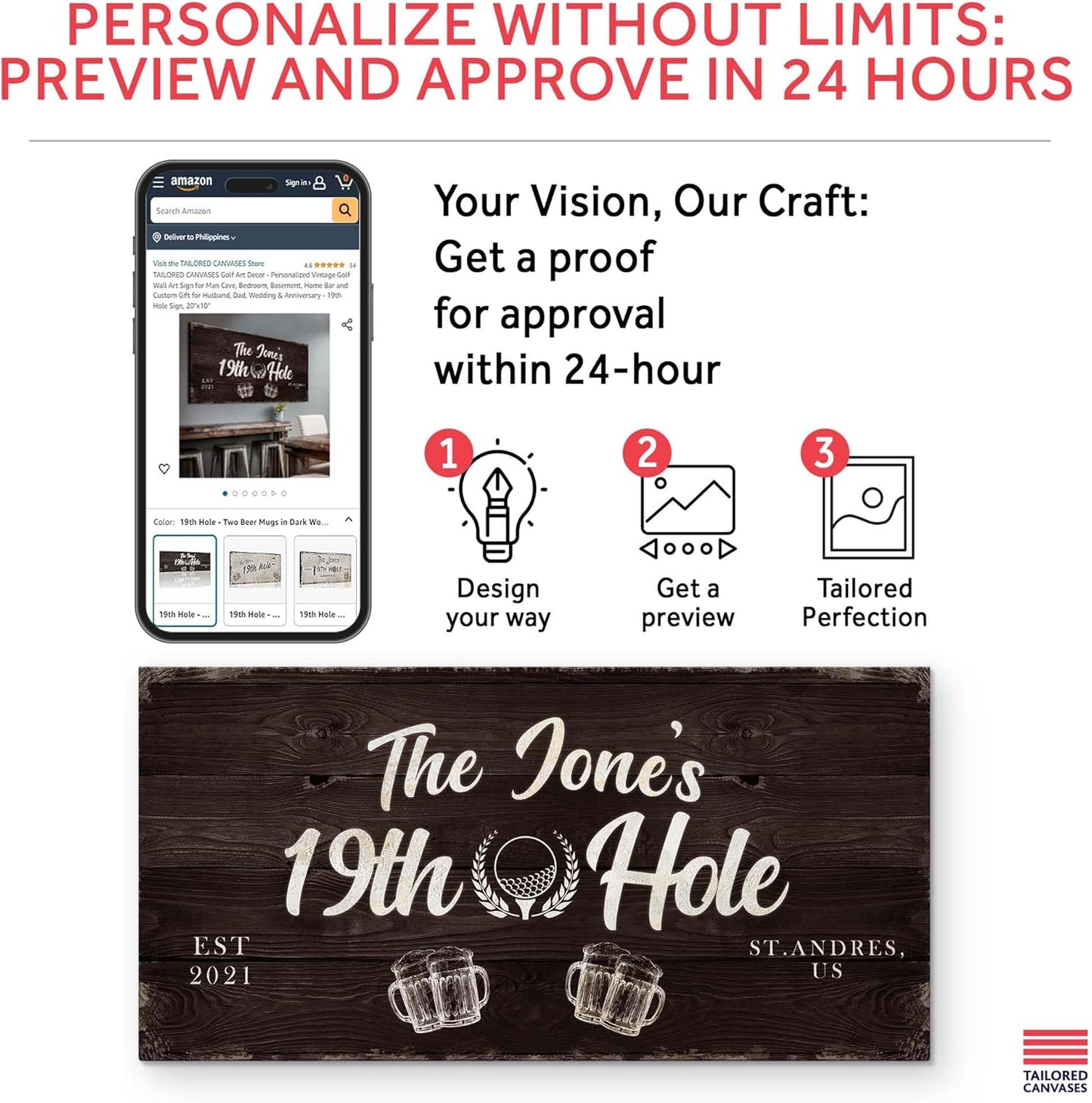 TAILORED CANVASES Golf Art Decor - Personalized Vintage Golf Wall Art Sign for Man Cave, Bedroom, Basement, Home Bar and Custom Gift for Husband, Dad, Wedding & Anniversary - 19th Hole Sign, 60"x30"