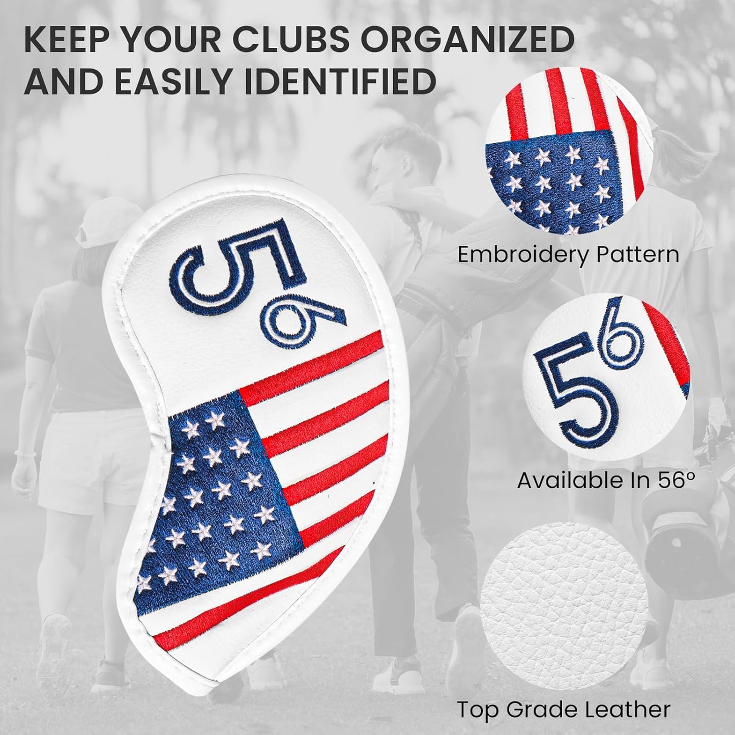 Golf Iron Wedge Head Covers 52° 54° 56° 60° 1 or 4 Pack, Synthetic Leather Clover USA Flag Design Club Head Protection, Universal Headcover Fit Iron Clubs for Men Women