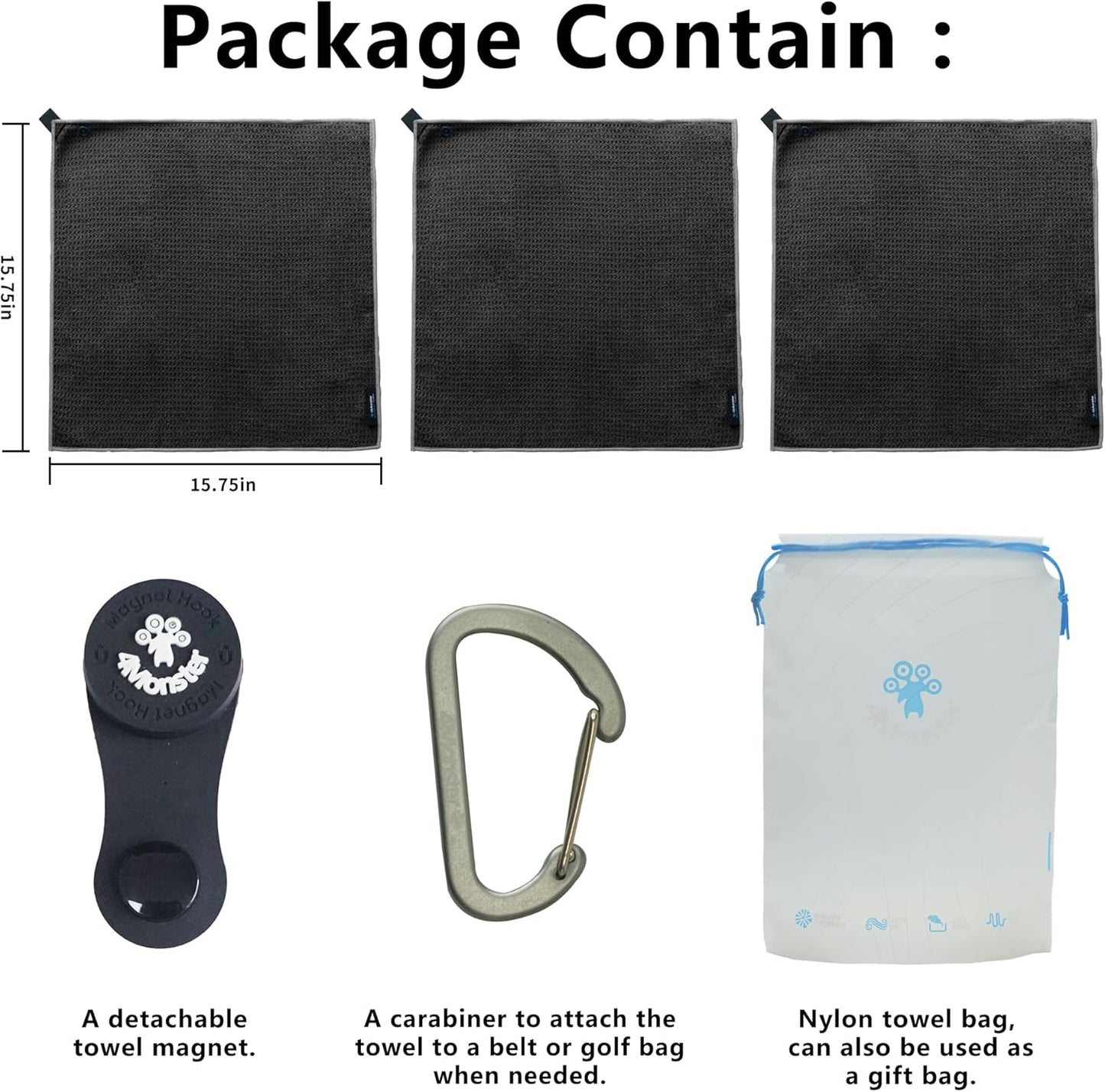 4Monster Golf Towels 3-Pack with Detachable Magnet and Portable Pouch, Quick-Dry Microfiber Golf Towel Set for Golf Bags,Custom Towel Gifts for Men or Women (3, Black)