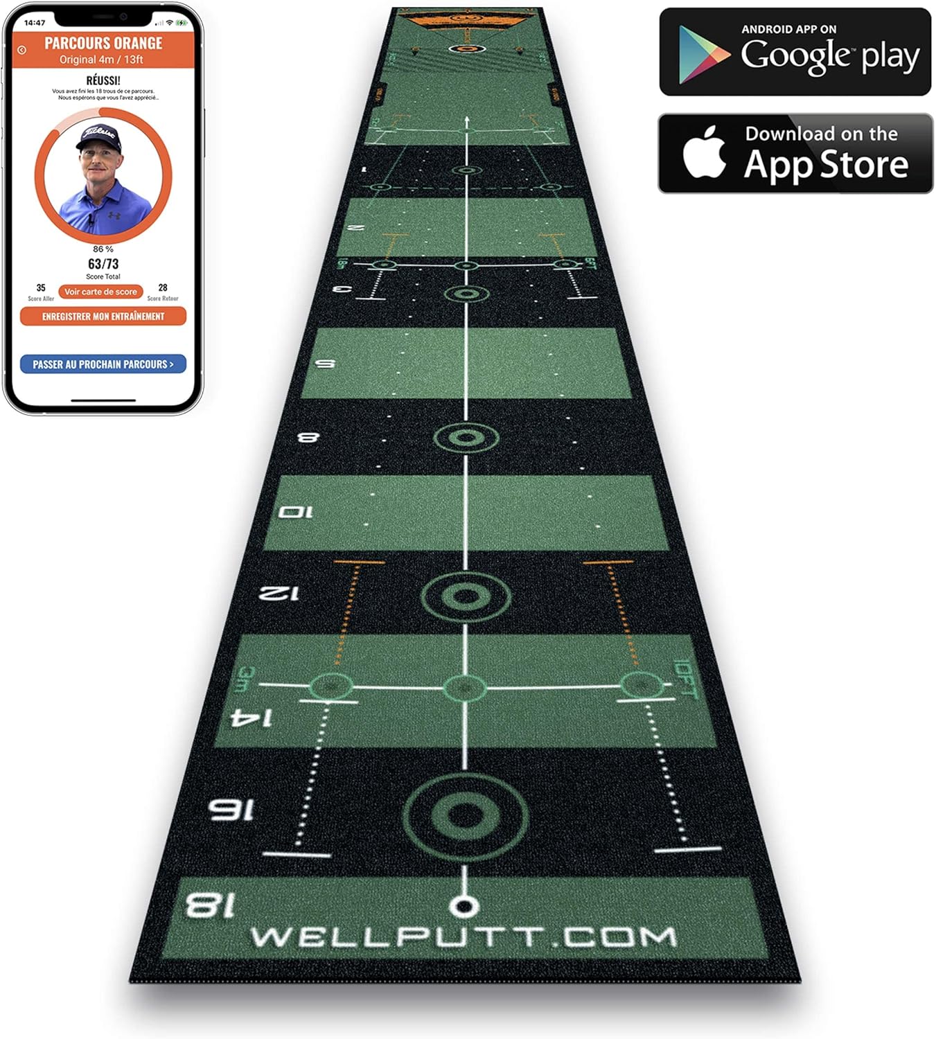 WELLPUTT - Golf Putting Training Mat - 13ft Green