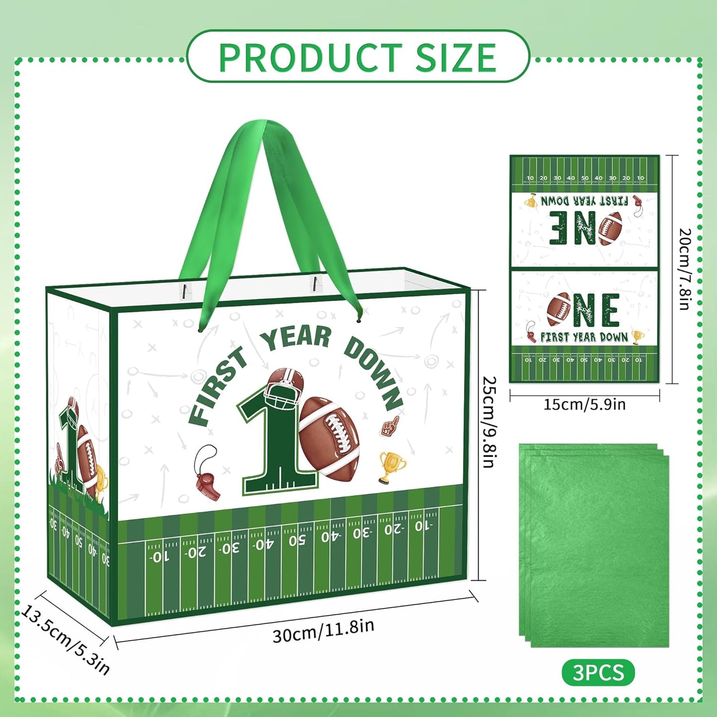 EoBeCy First Year Down Football Gift Bags, Large First Birthday Gift Bag with Tissue Paper and Greeting Card, Football Wrapping Paper for Boys Kids Men Sports Theme 1st Birthday Party Favor Supplies