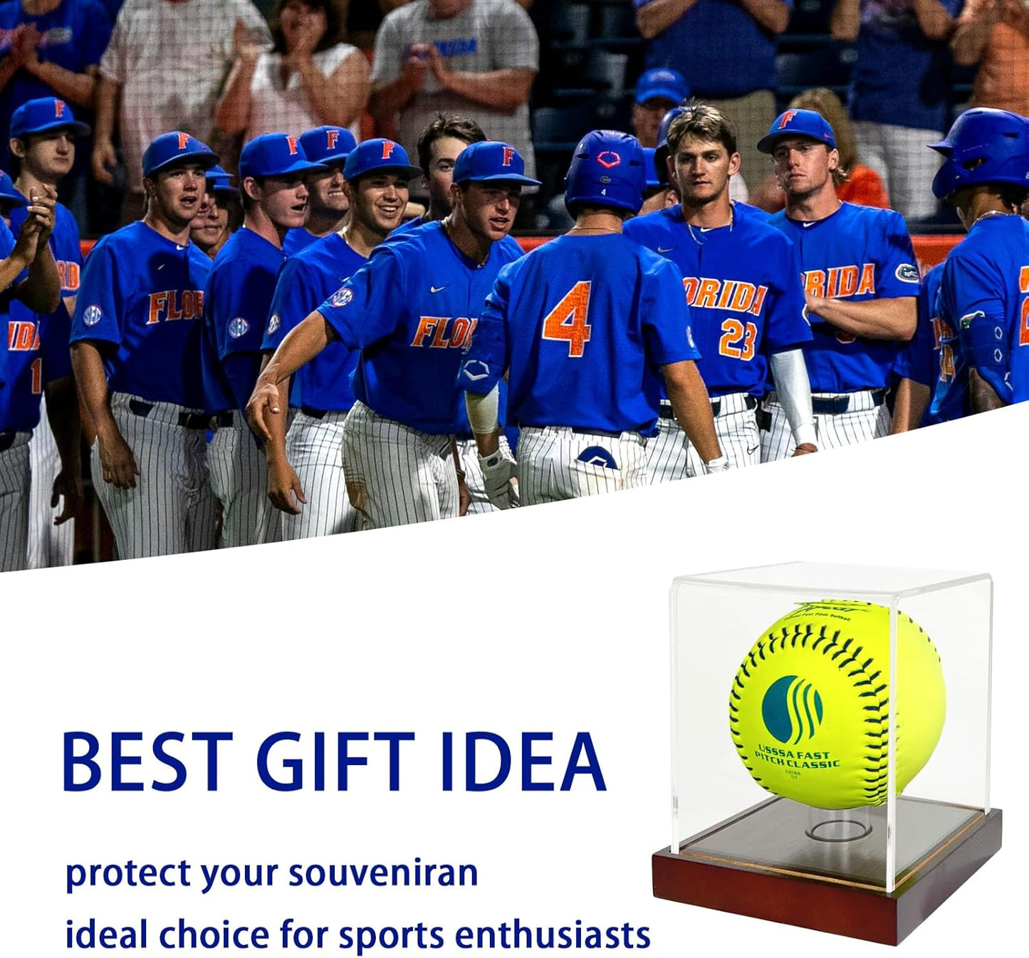 Softball Display Case,Clear Acrylic Ball Display Holder for 12 inch Softball,UV Protected Cube with Wood Base Stand for Tennis Ball Baseball Golf Ball,Championship Sport Collection Box Showcase