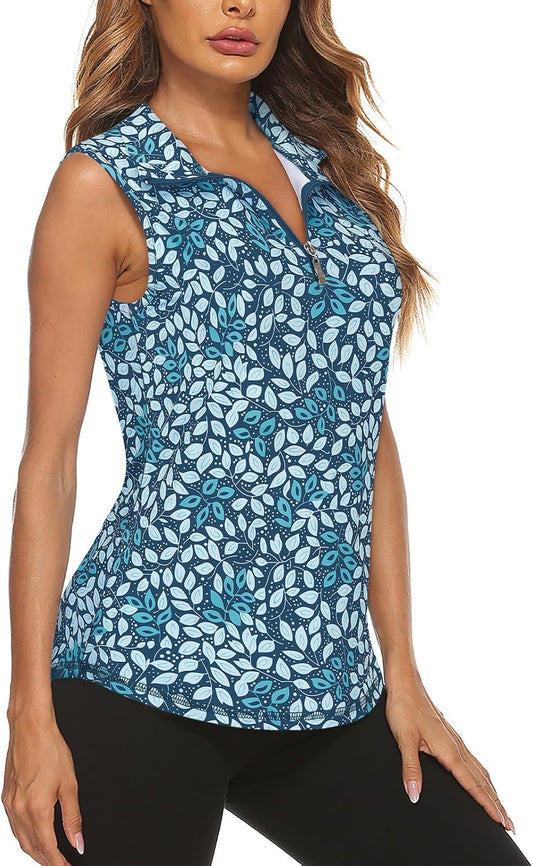 Koscacy Women's Sleeveless Golf Tennis Polo Shirts Zip Up Dry Fit Workout Tank Tops Athletic Shirt