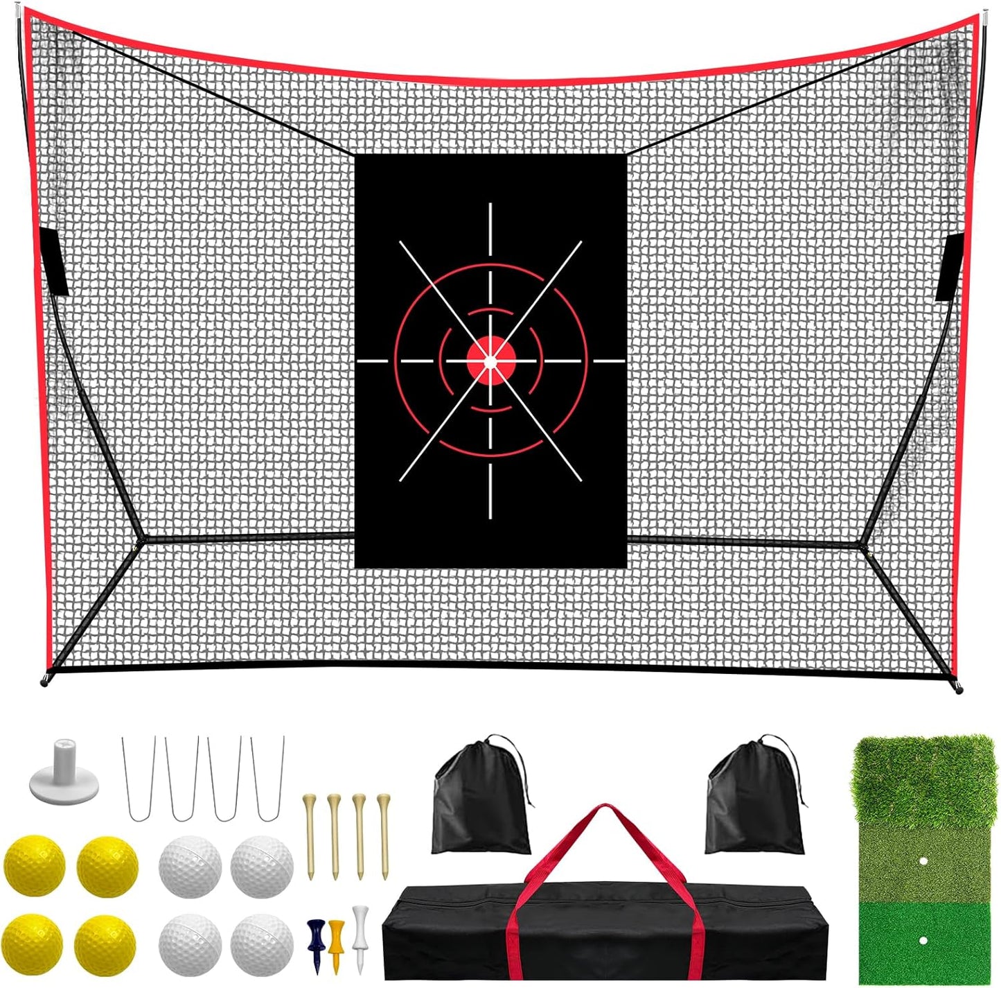 Golf Practice Net 10x7FT, Heavy Duty Golf Hitting Net with Target Net, Indoor Outdoor Training for Backyard Driving & Garage, Complete Set with Golf Balls & Tees, Turf, Carry Bag