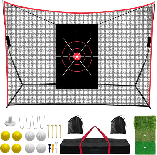 Golf Practice Net 10x7FT, Heavy Duty Golf Hitting Net with Target Net, Indoor Outdoor Training for Backyard Driving & Garage, Complete Set with Golf Balls & Tees, Turf, Carry Bag