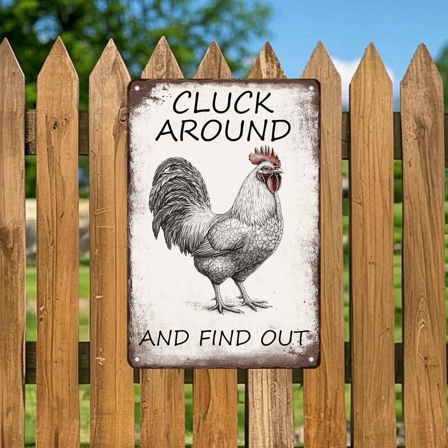 Vintage Tin Metal Aluminum Sign Chicken Cluck Around And Find Out Iron Painting Vintage Wall Decoration Poster For Home Garden Yard Garage Bar Shop 12x8 Inch