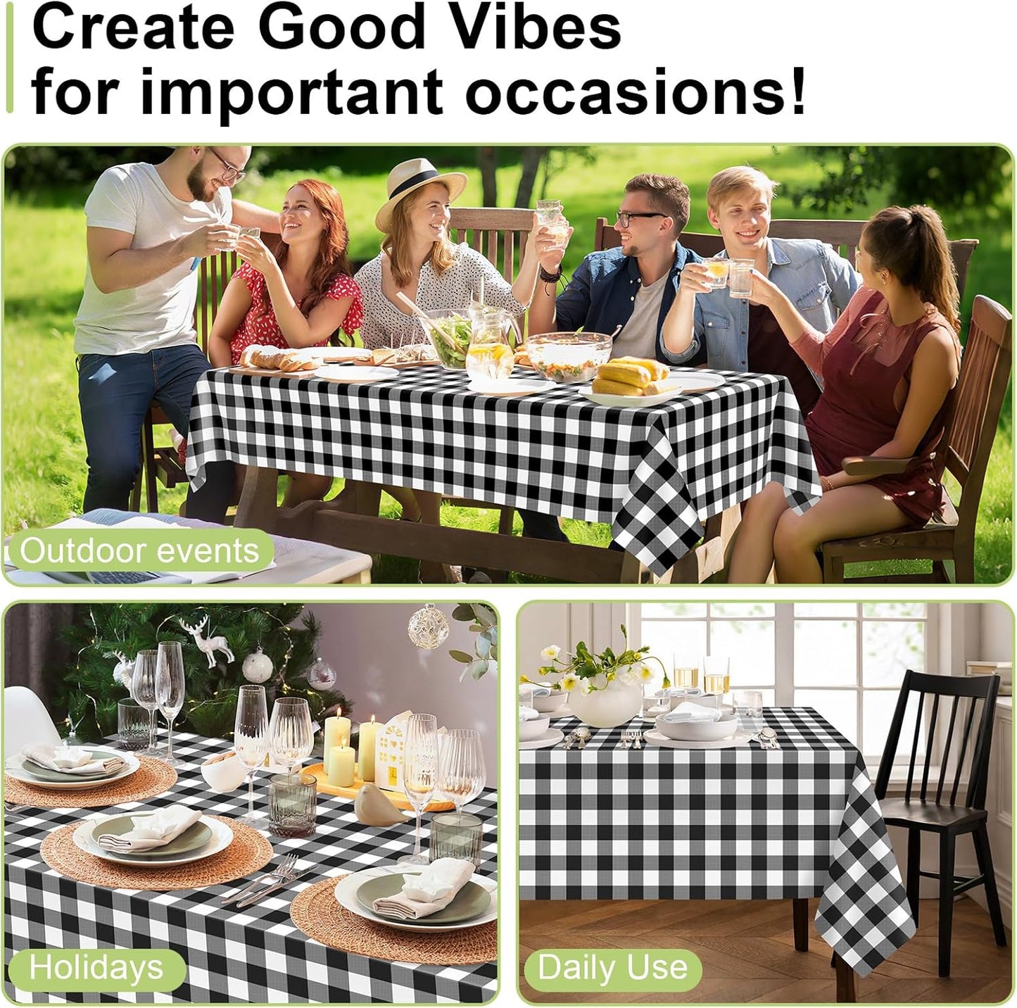 QIKSION Black Gingham Tablecloth Disposable 2 Pack, 54 x 108 Inch Black and White Checkered Table Cloth for Rectangle Tables, Plastic Table Cover