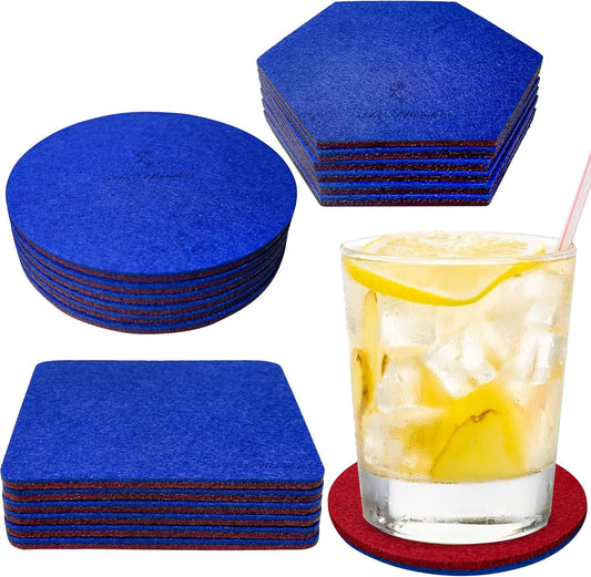 A&A Wonders Premium Felt Coasters for Drink, Absorbent Felt Protects Furniture, Table, Anti Slip, Absorbent, Suitable for Drinks & All Table Types (Wine Red/Royal Blue, All 3 Style, 6 of Each Style)
