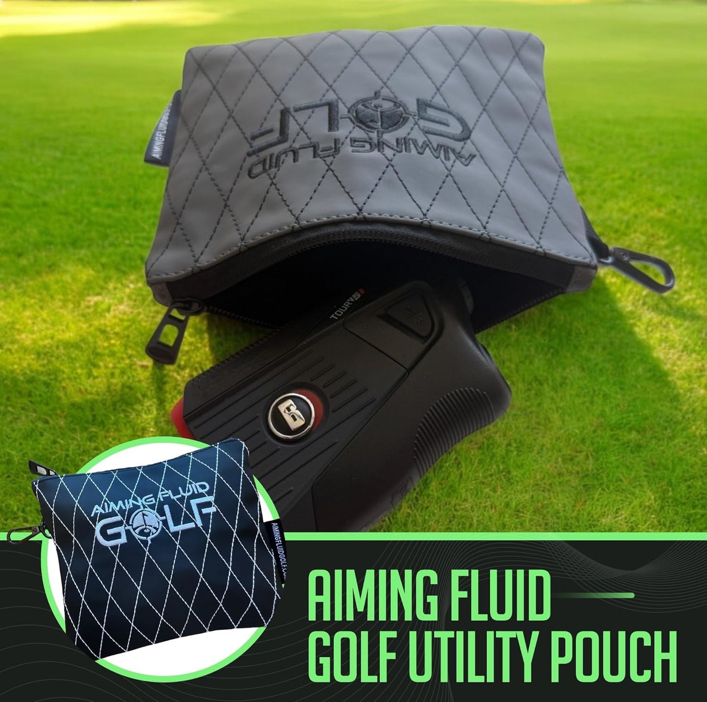 Premium Leather Golf/Travel Valuables Pouch – Luxury Zippered Utility Bag I Diamond Stitching I 360° Swivel Clip I Soft Interior for Golf Accessories & Travel Essentials (Grey)