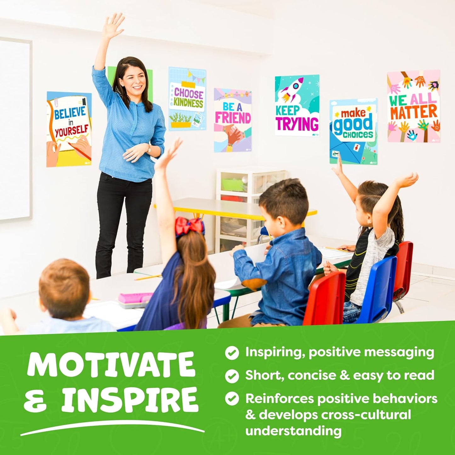 Motivational Posters for Classroom - 14pc Positive Inspirational Posters for Classroom Elementary Middle School High School - Positive Affirmation Wall Decor, Motivational Bulletin Board Decorations