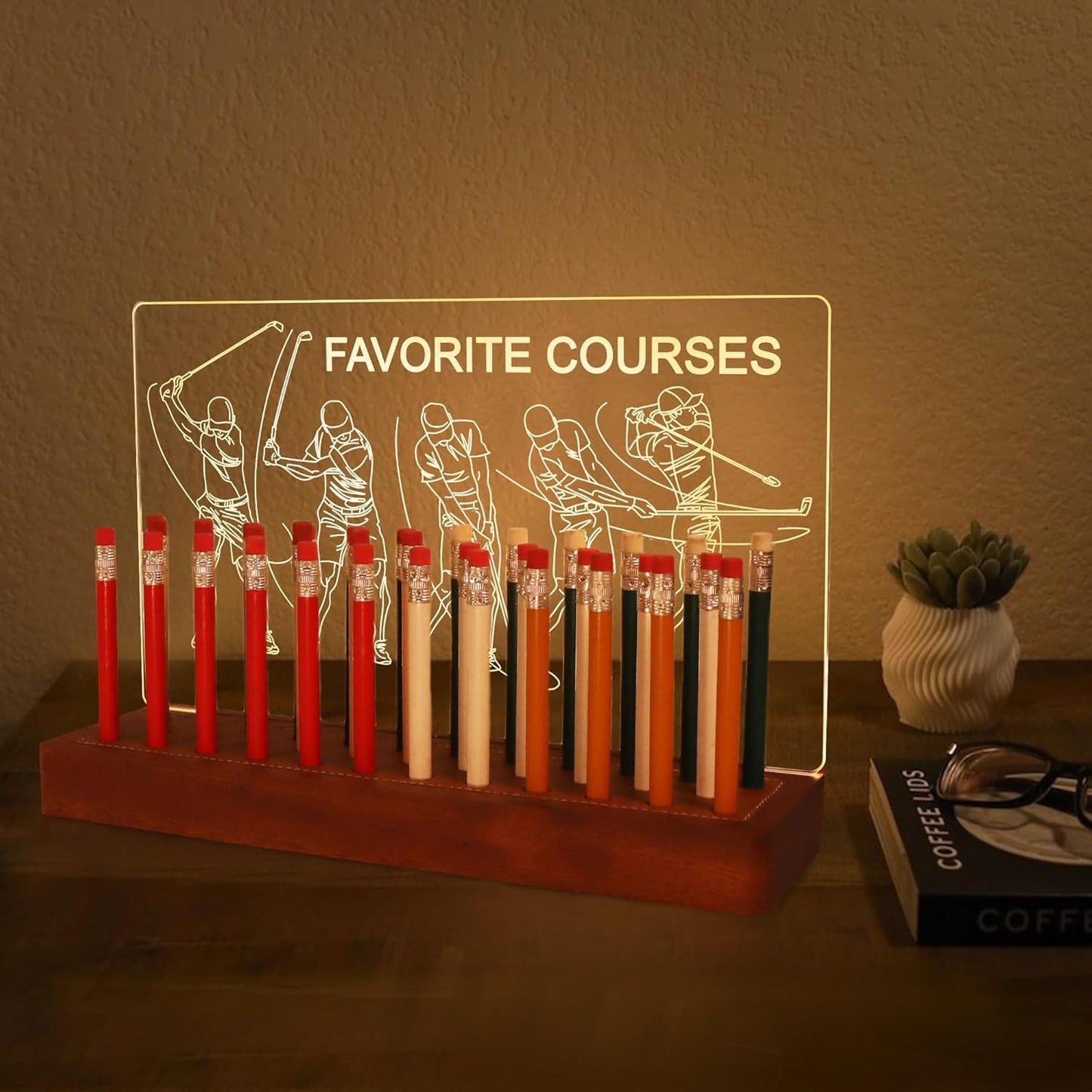 Light Up Golf Pencil Display Case, Wooden Acrylic Accessories with Warm White Lights for Pencil Display and Storage in Homes, Offices, Golf Pro Stores, Golf Museums, and Galleries