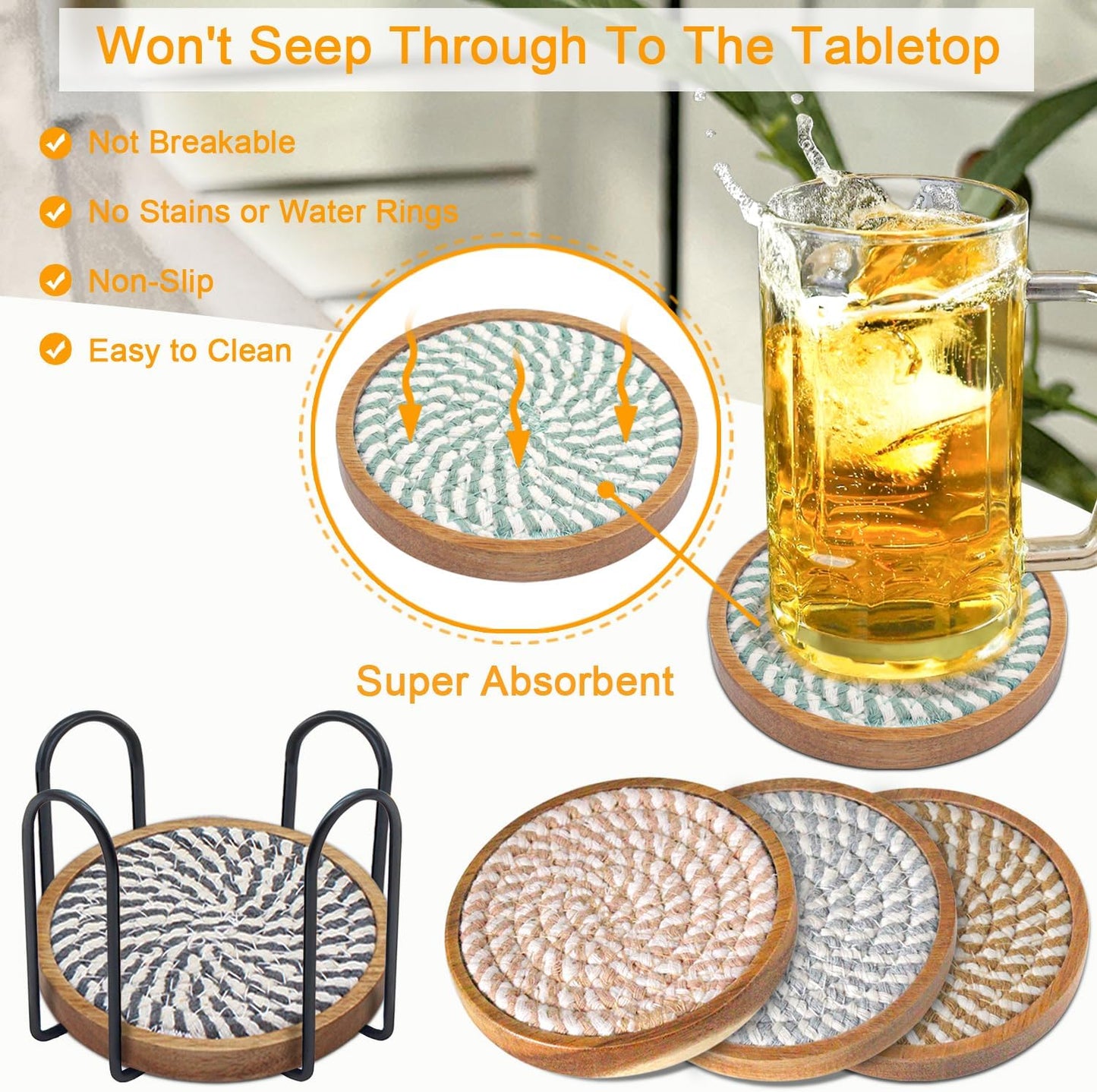 Coasters for Drinks Absorbent Sets of 5, Woven Coasters with Holder, Wood Coasters for Coffee Table, Housewarming Gift for Farmhouse Home Decor, 4 inches (Colorful Series)