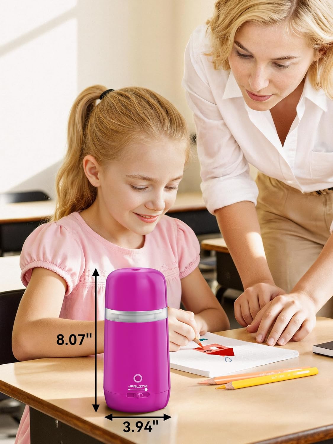 JARLINK Automatic Electric Pencil Sharpener - Hands-Free Operation, 3 Sharpness Modes, 3-Second Sharpening, Rechargeable & Portable for 7-12mm Pencils, Ideal for Classroom and Home Use (Purple)